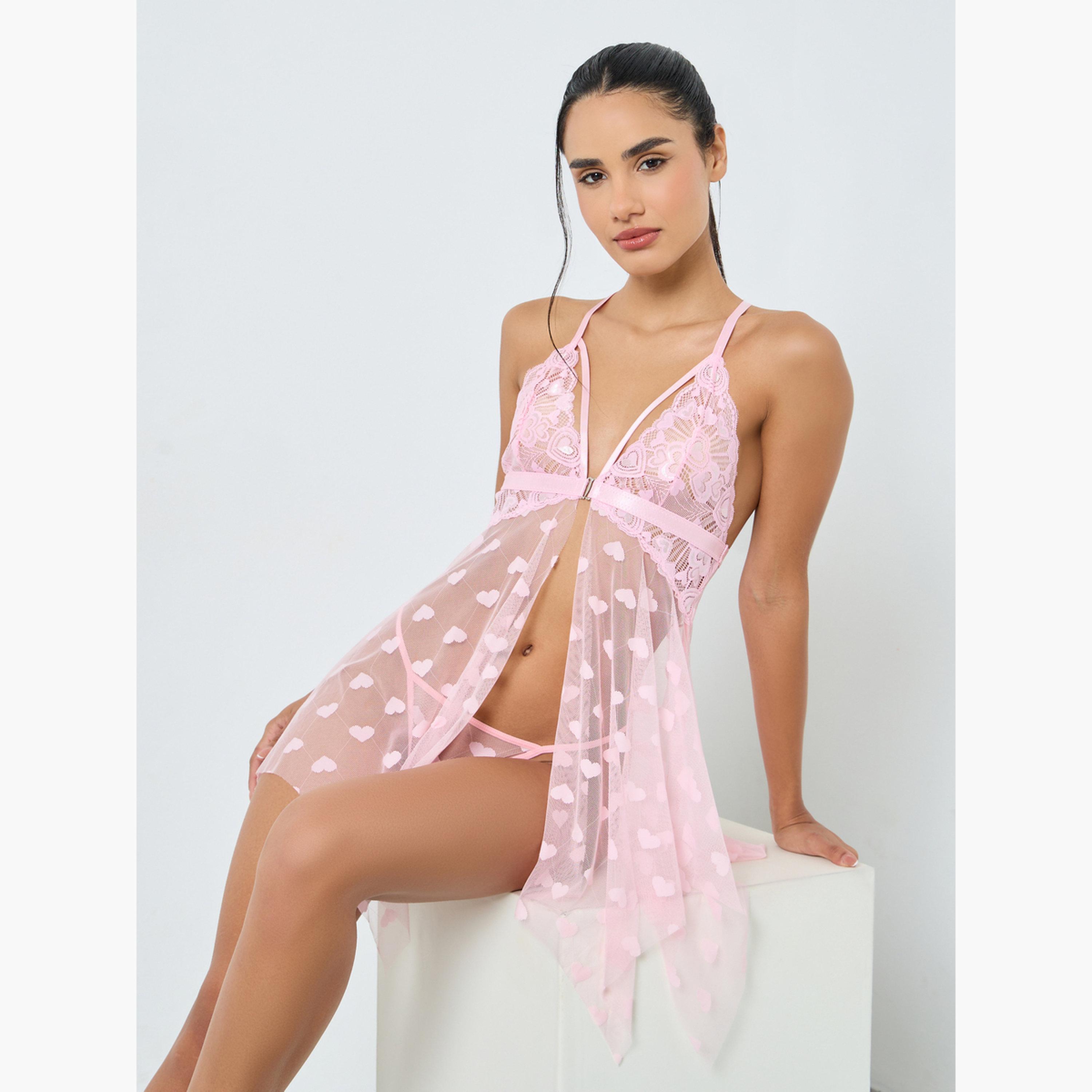 ستايلي - بيبي دول دانتيل وشبكي على شكل قلب مع حمالات علوية وحاشية منديل وملابس داخلية-women-clothing-lingerie-babydollsandbodysuits-image-2