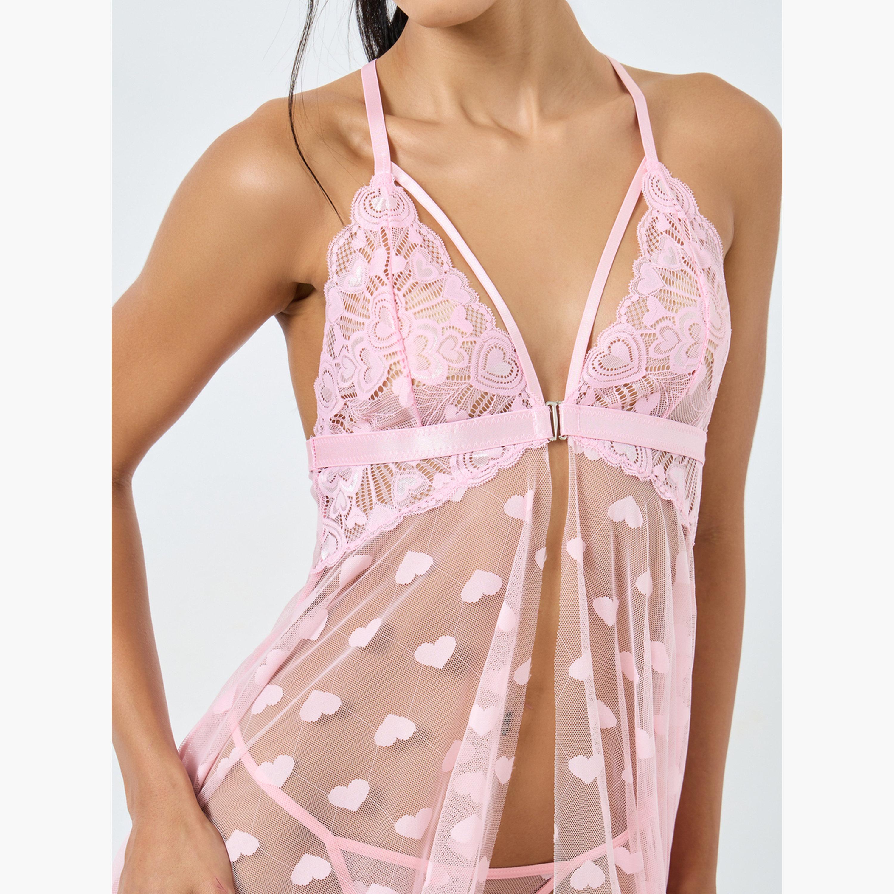 ستايلي - بيبي دول دانتيل وشبكي على شكل قلب مع حمالات علوية وحاشية منديل وملابس داخلية-women-clothing-lingerie-babydollsandbodysuits-image-4