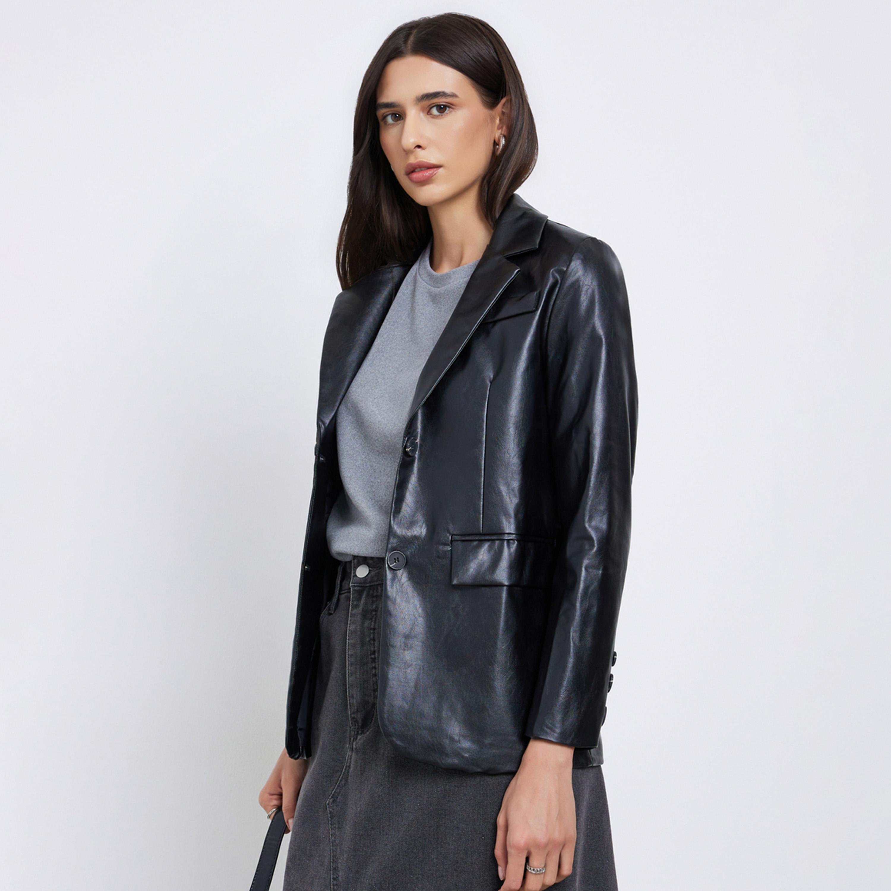 Styli Black Regular Fit Leather Look Blazer-women-clothing-coatsandjackets-blazers-image-1