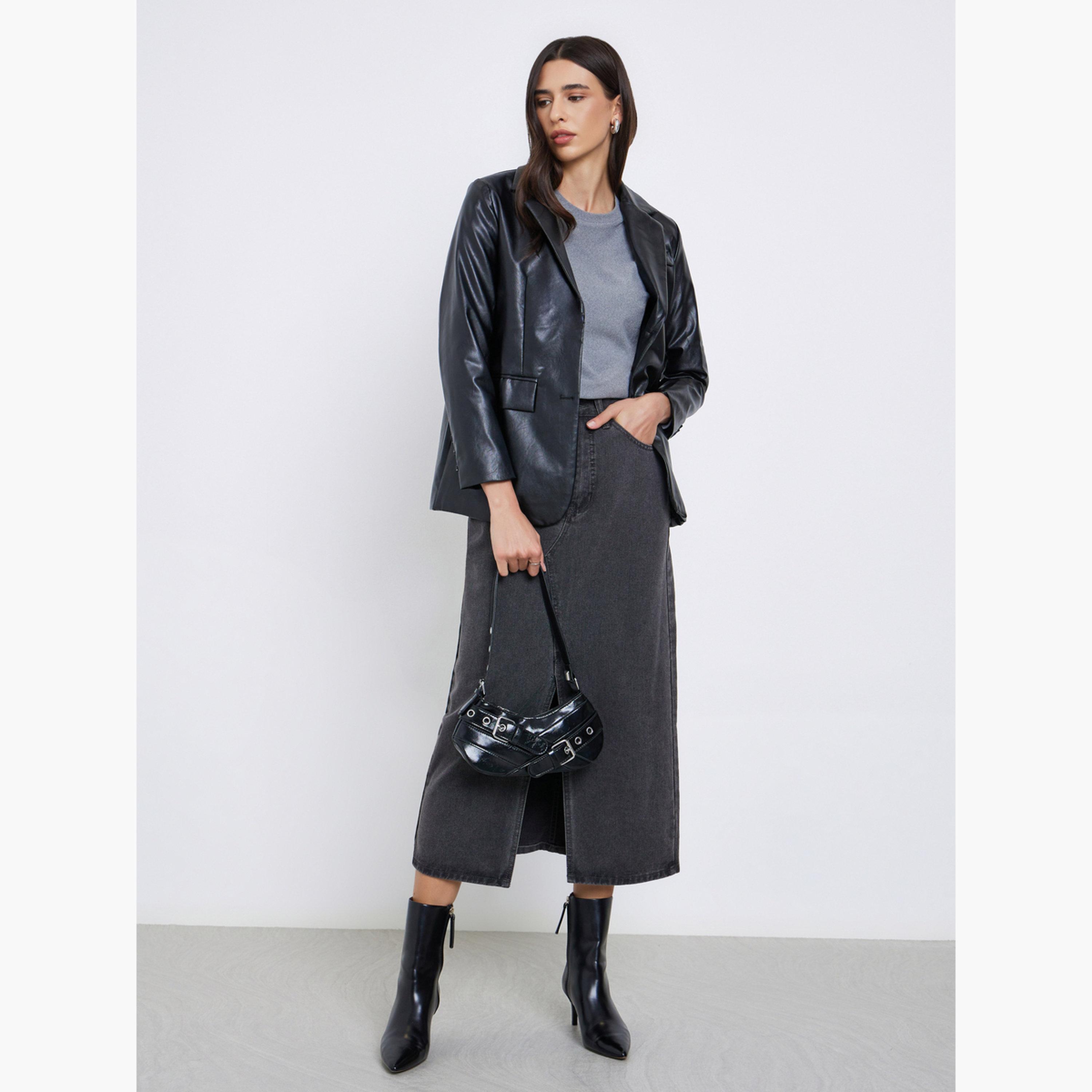 Styli Black Regular Fit Leather Look Blazer-women-clothing-coatsandjackets-blazers-image-2
