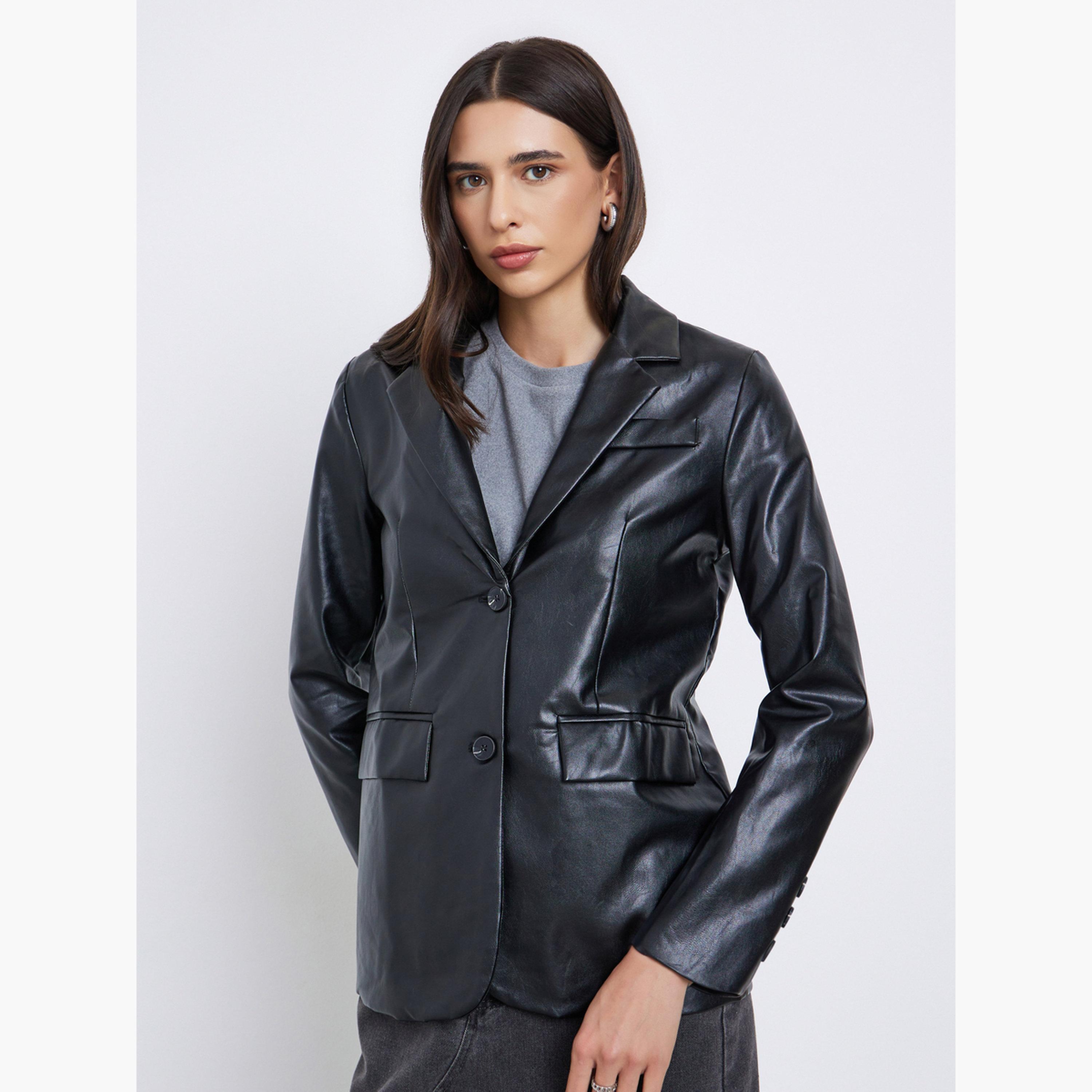 Styli Black Regular Fit Leather Look Blazer-women-clothing-coatsandjackets-blazers-image-3
