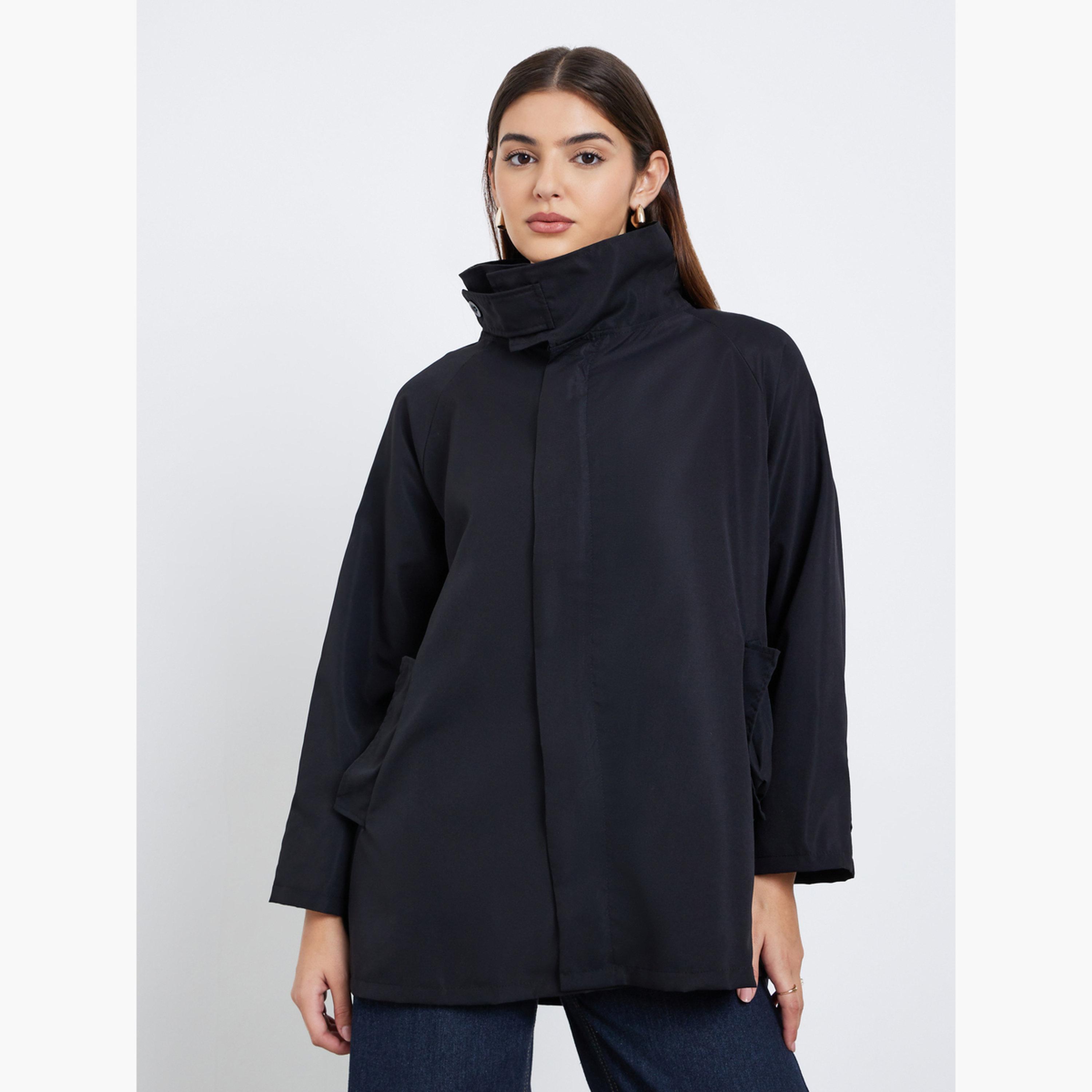 Styli Solid High Neck Long Sleeves Women's Zip Through Utility Trench Jacket-women-winterwear-coatsandjackets-jackets-image-1