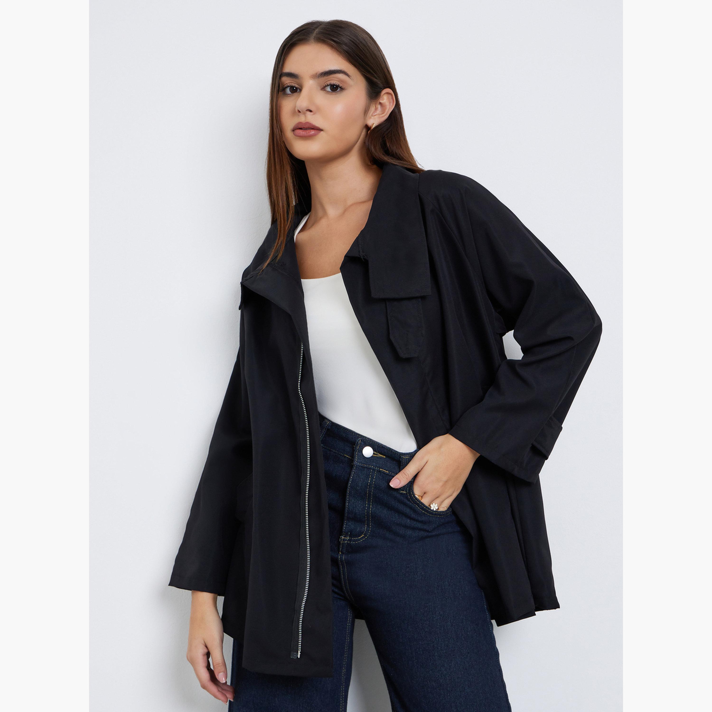 Styli Solid High Neck Long Sleeves Women's Zip Through Utility Trench Jacket-women-winterwear-coatsandjackets-jackets-image-3