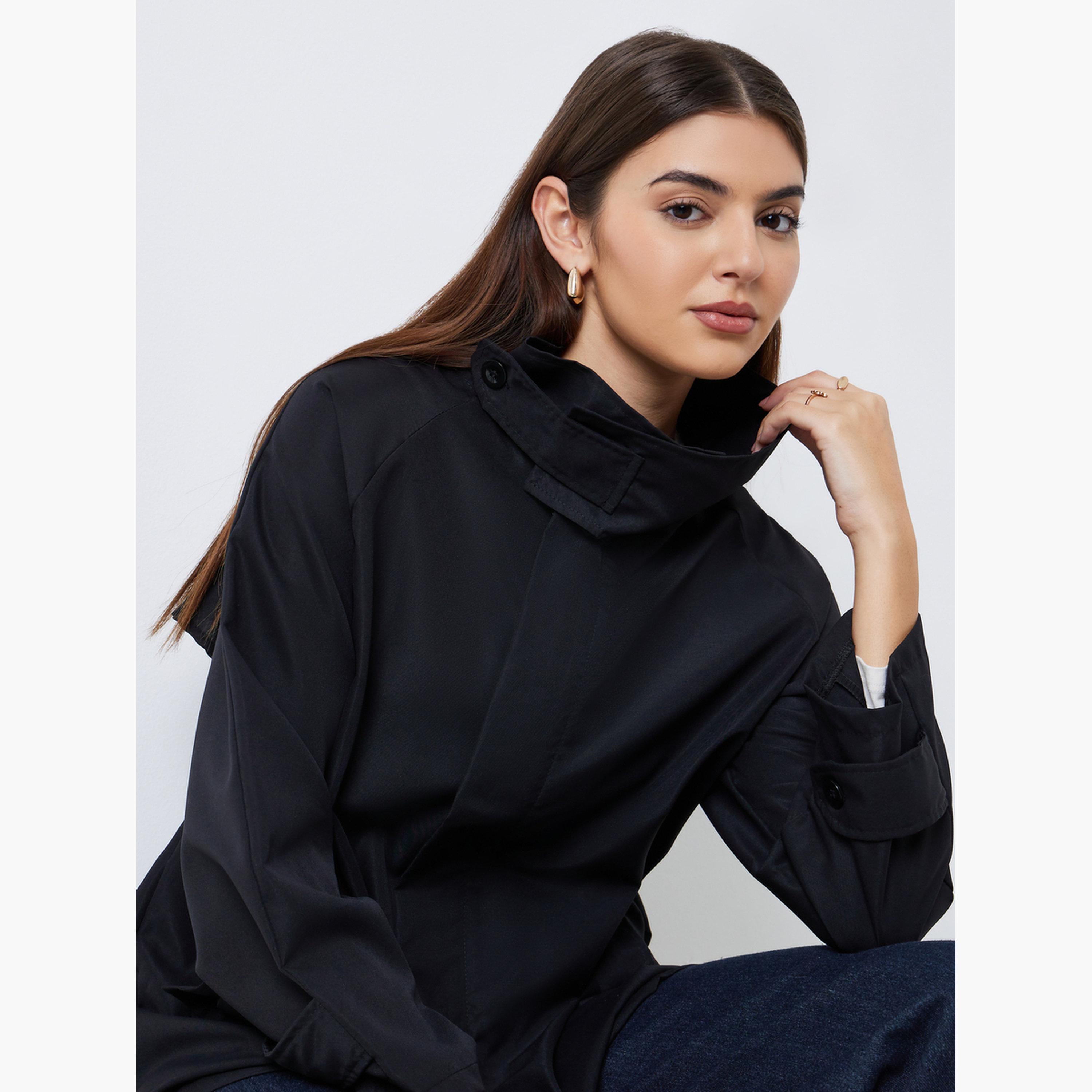 Styli Solid High Neck Long Sleeves Women's Zip Through Utility Trench Jacket-women-winterwear-coatsandjackets-jackets-image-4