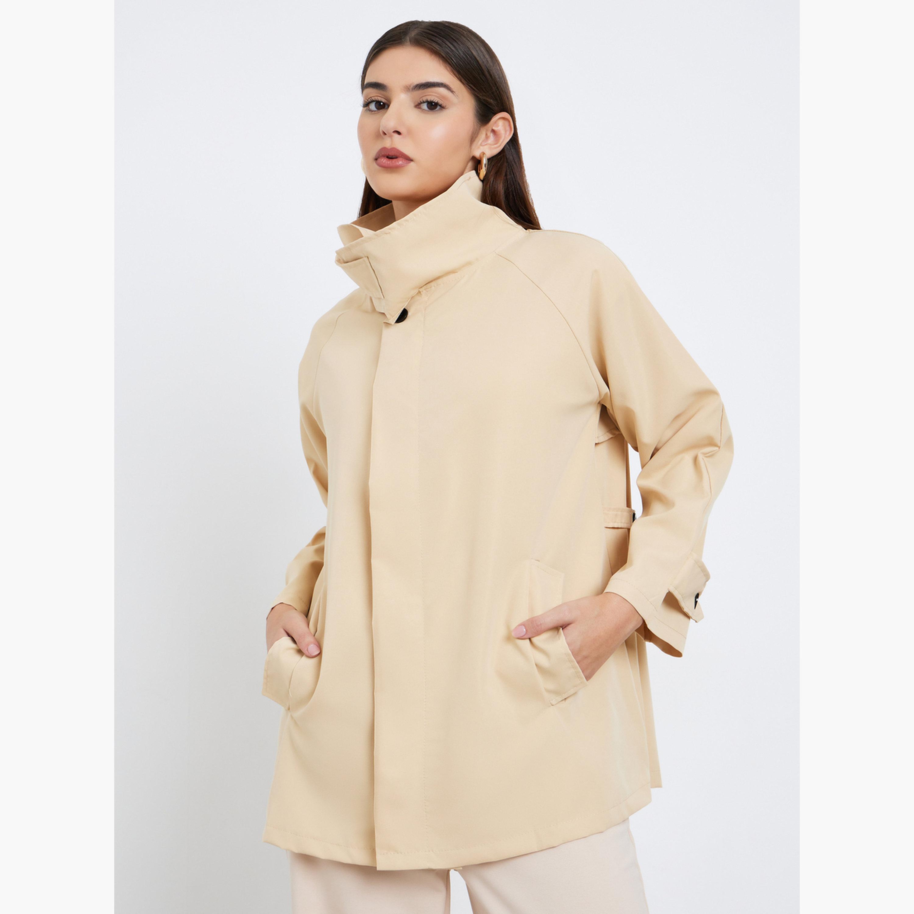 Styli Solid High Neck Long Sleeves Women's Zip Through Utility Trench Jacket-women-winterwear-coatsandjackets-jackets-image-1
