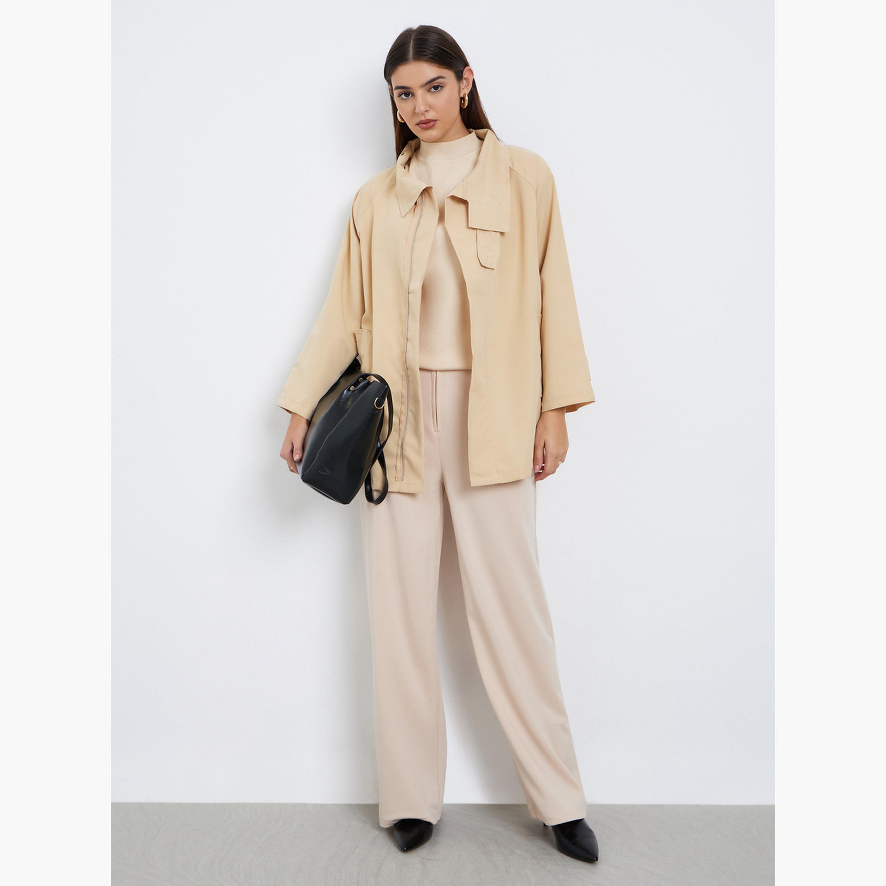 Styli Solid High Neck Long Sleeves Women's Zip Through Utility Trench Jacket-women-winterwear-coatsandjackets-jackets-image-2