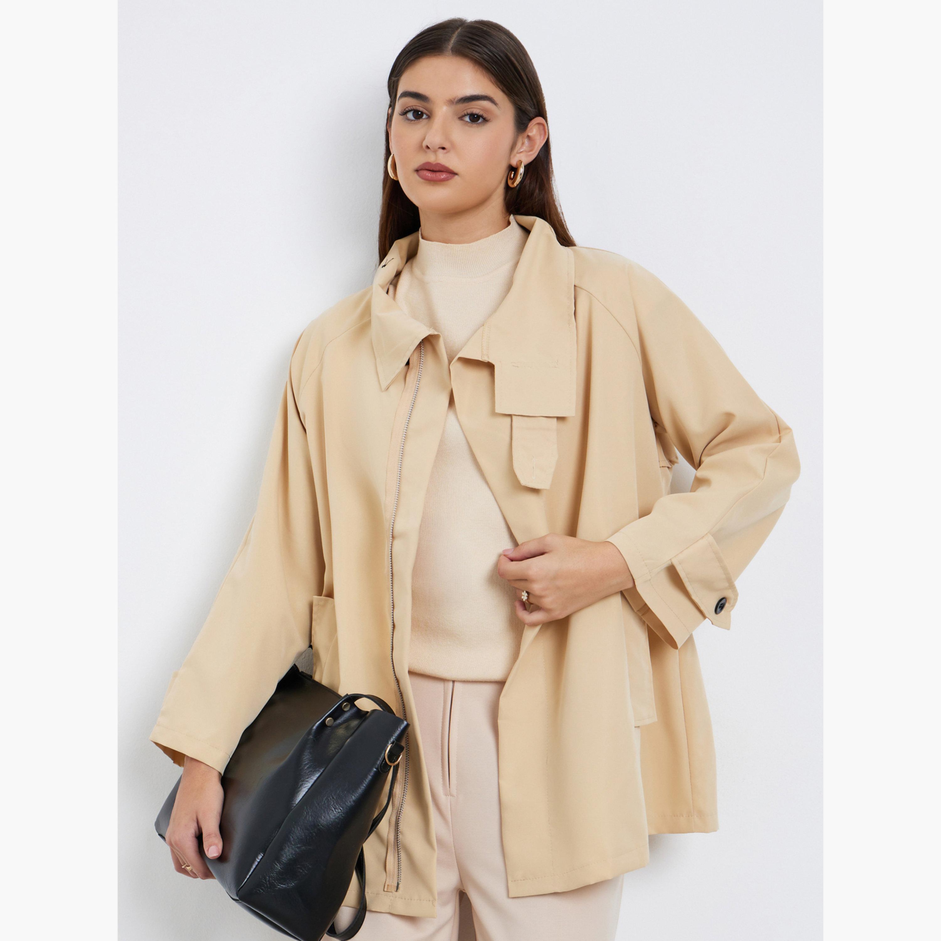 Styli Solid High Neck Long Sleeves Women's Zip Through Utility Trench Jacket-women-winterwear-coatsandjackets-jackets-image-3