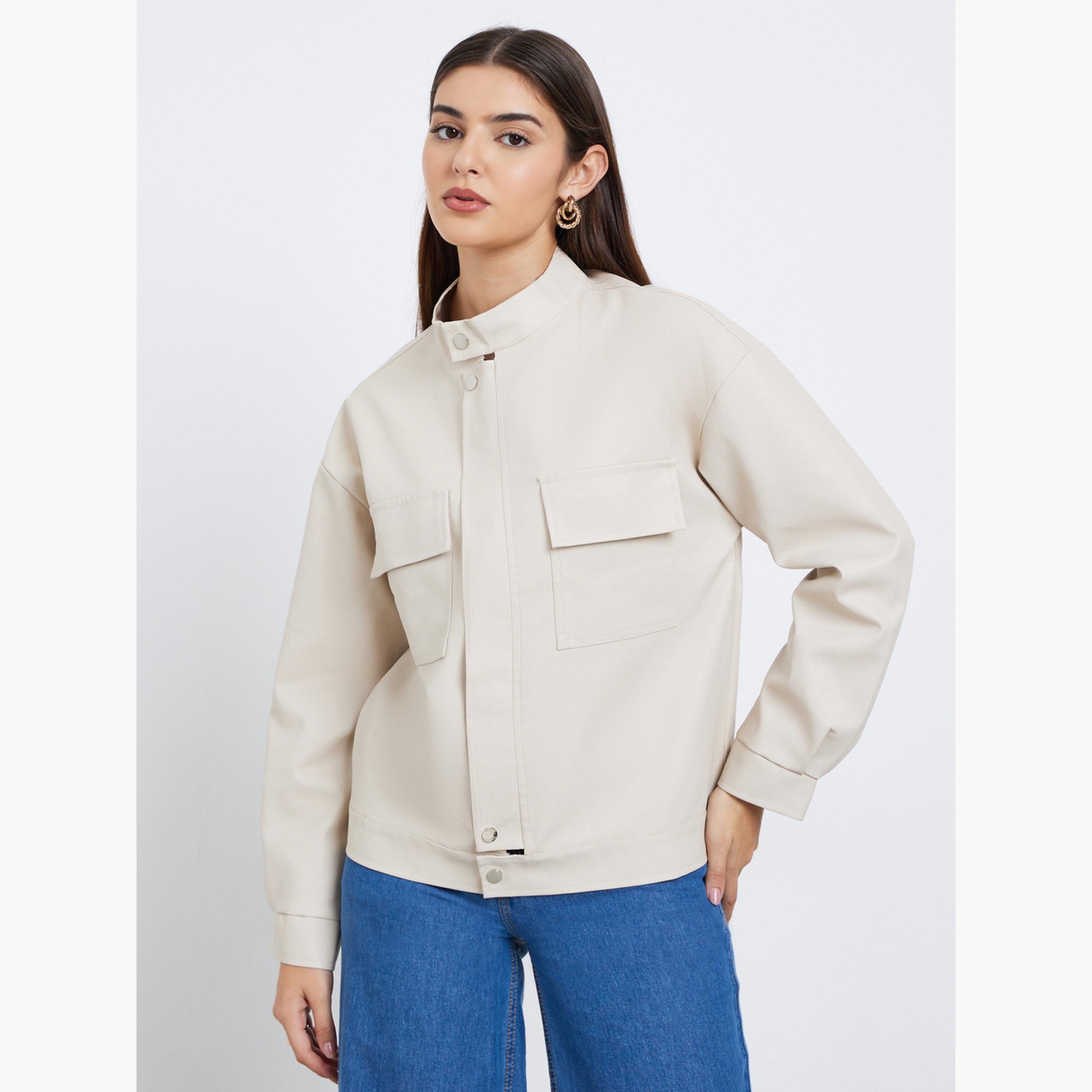 Styli Solid Mandarin Neck Long Sleeves Women's Zip Through Bomber Jacket-women-winterwear-coatsandjackets-jackets-image-1