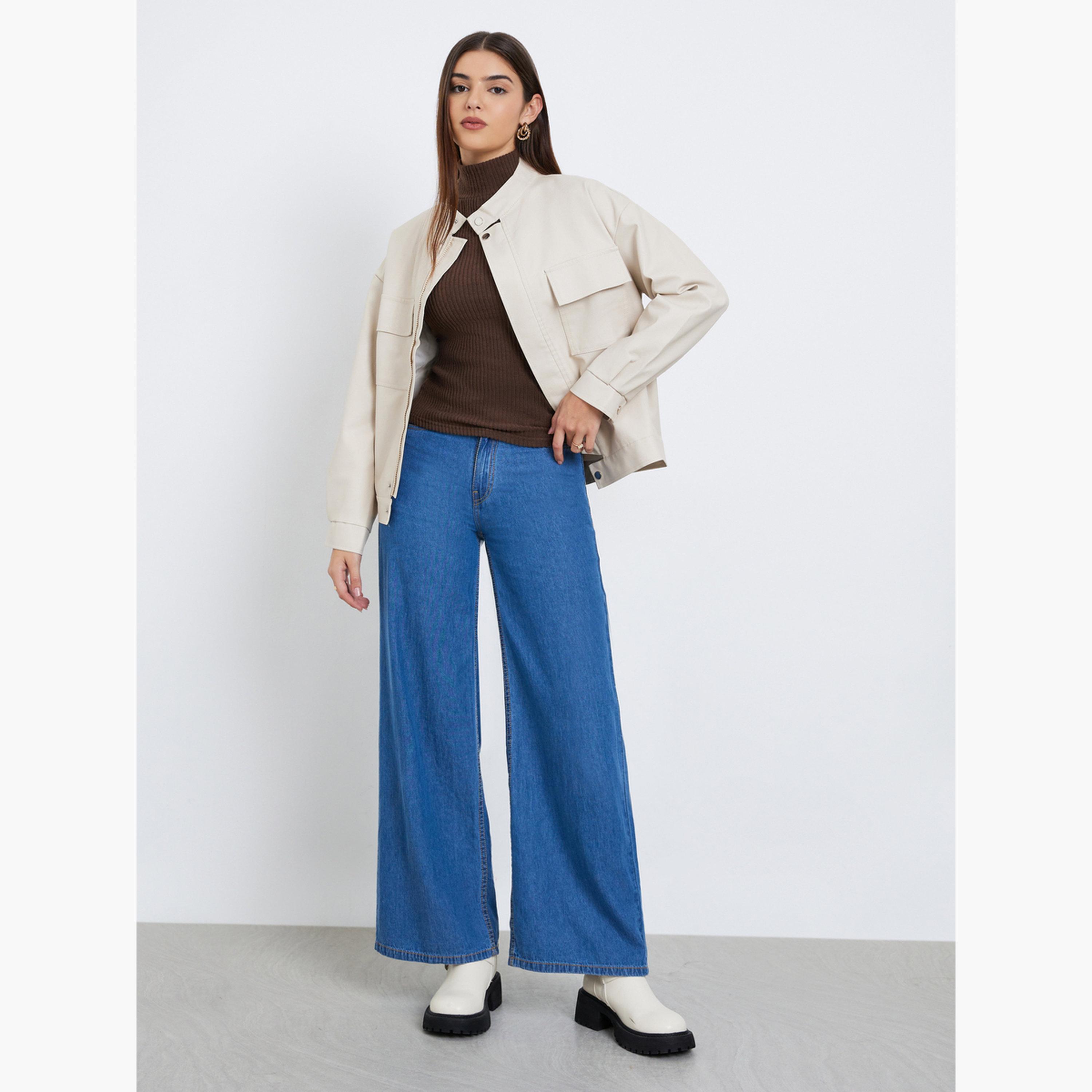 Styli Solid Mandarin Neck Long Sleeves Women's Zip Through Bomber Jacket-women-winterwear-coatsandjackets-jackets-image-2