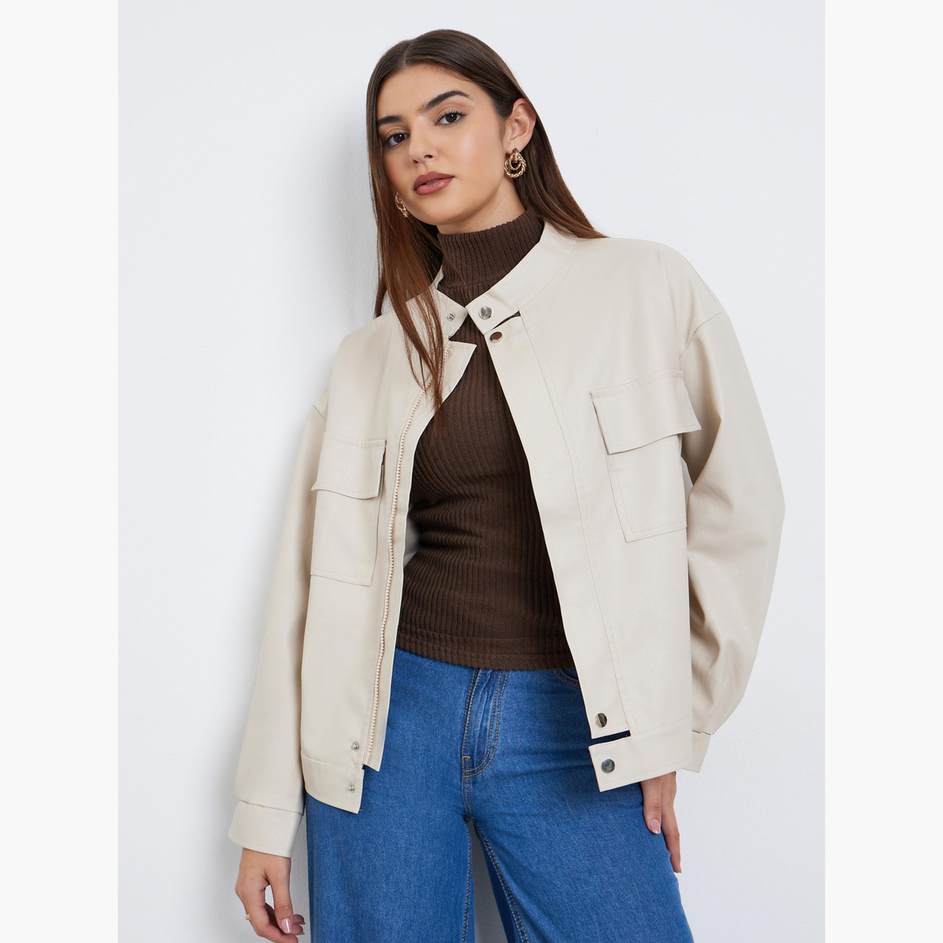 Styli Solid Mandarin Neck Long Sleeves Women's Zip Through Bomber Jacket-women-winterwear-coatsandjackets-jackets-image-3