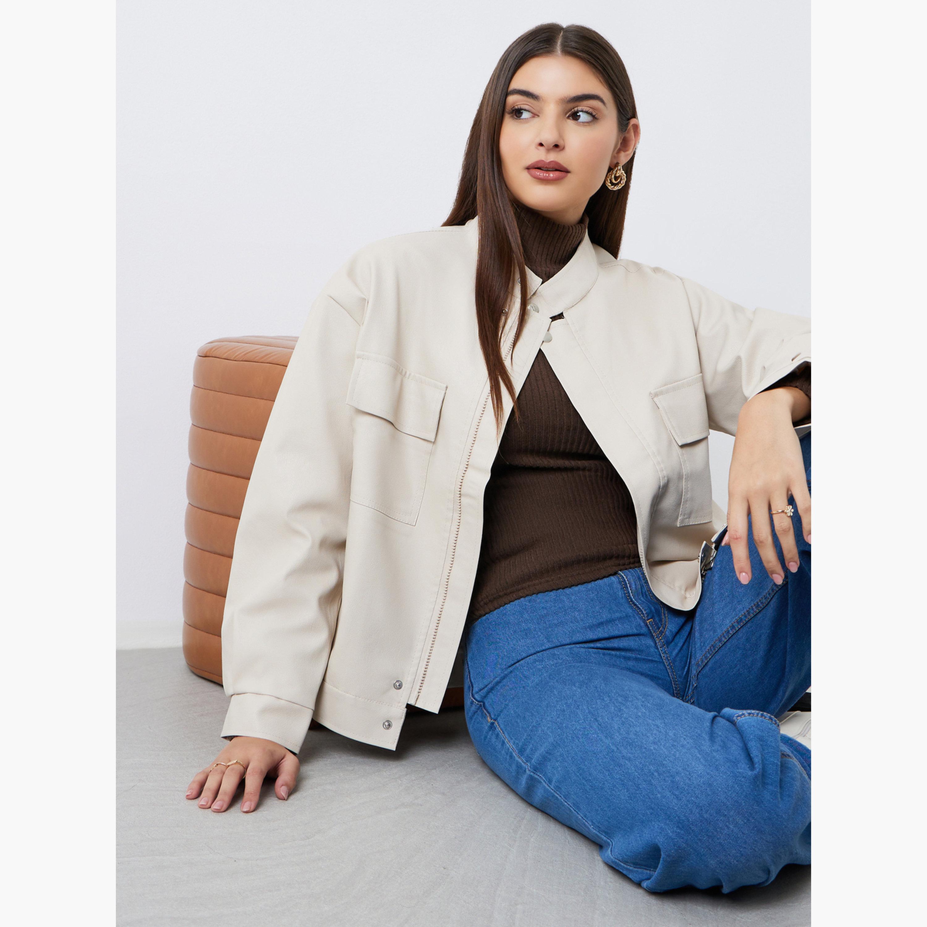 Styli Solid Mandarin Neck Long Sleeves Women's Zip Through Bomber Jacket-women-winterwear-coatsandjackets-jackets-image-4