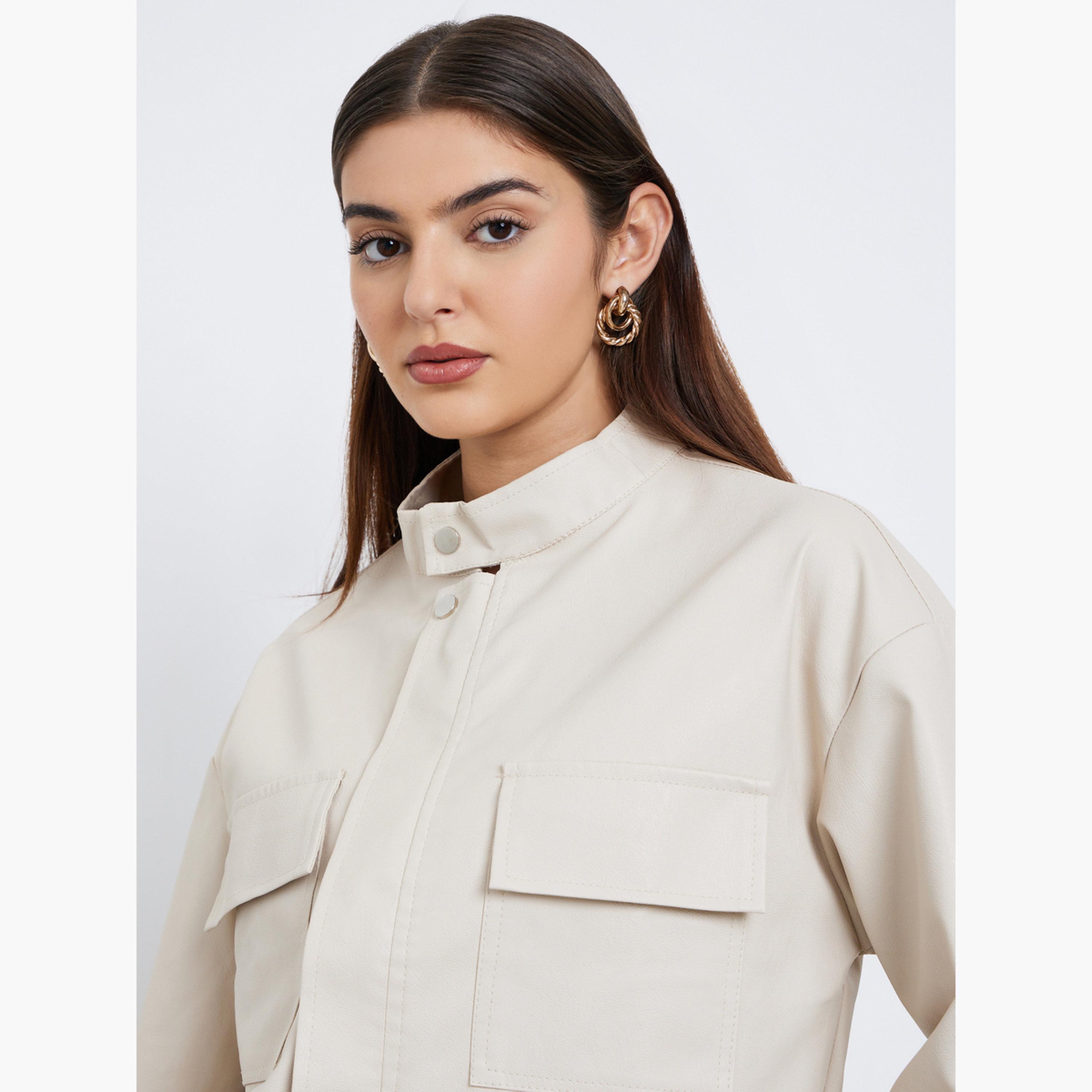 Styli Solid Mandarin Neck Long Sleeves Women's Zip Through Bomber Jacket-women-winterwear-coatsandjackets-jackets-image-5
