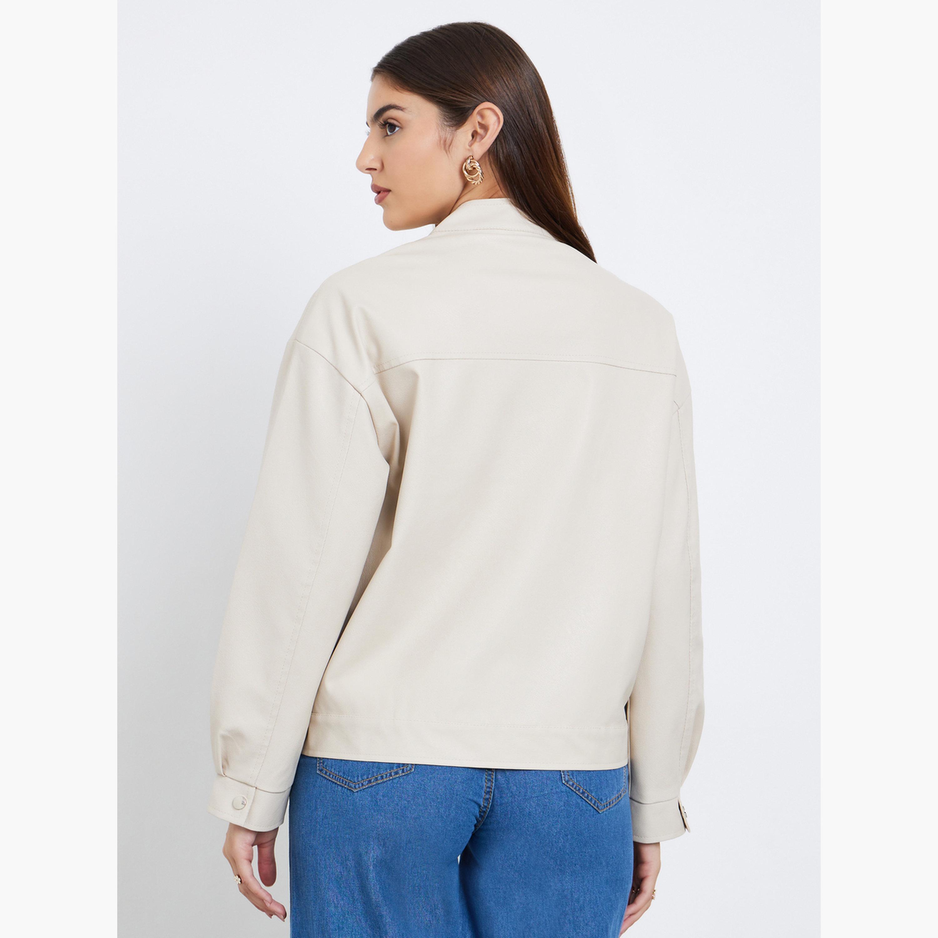Styli Solid Mandarin Neck Long Sleeves Women's Zip Through Bomber Jacket-women-winterwear-coatsandjackets-jackets-image-6