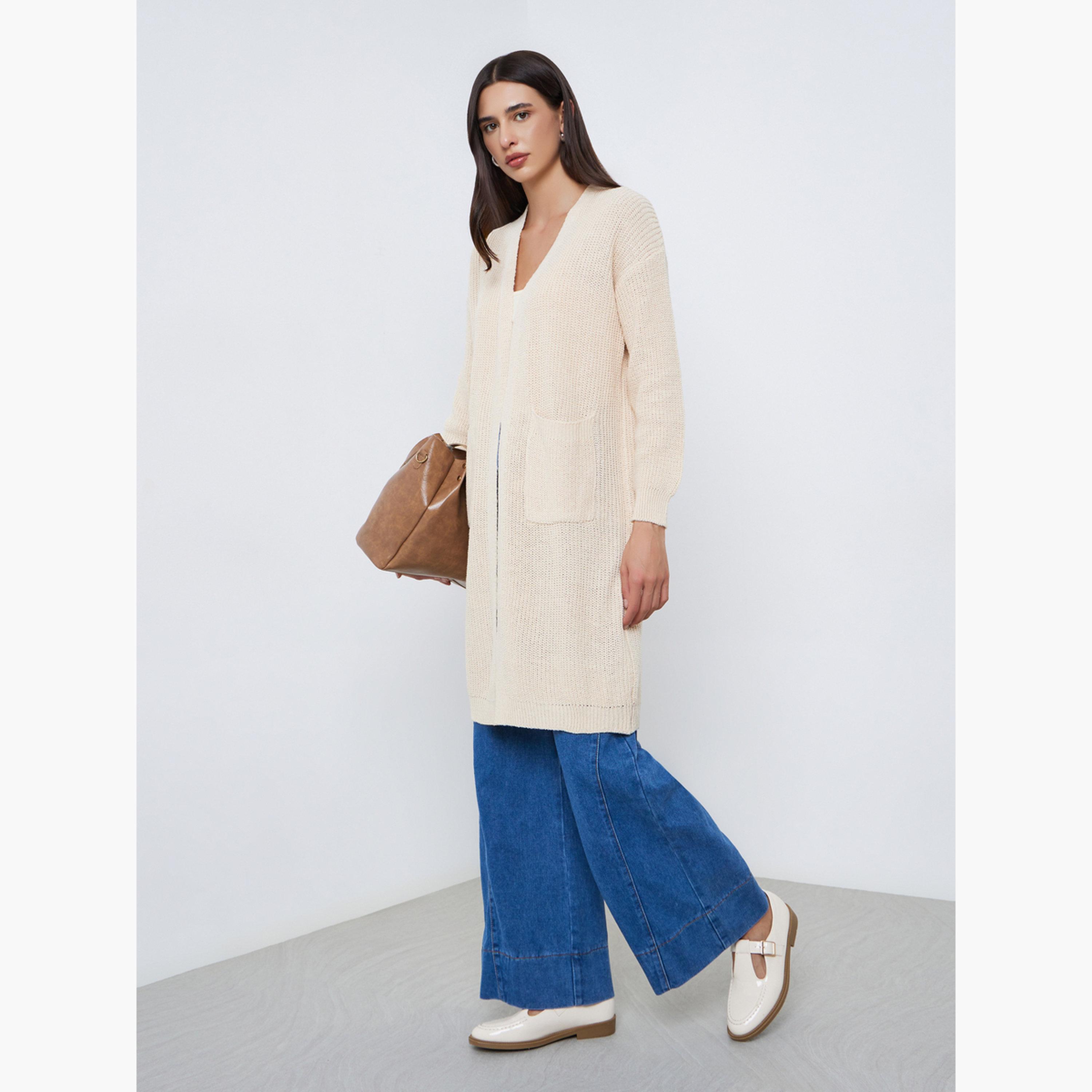 Styli Cream Knitted Regular Fit Long Sleeves Women's Open Front Cardigan-women-winterwear-cardigansandjumpers-cardigans-image-1