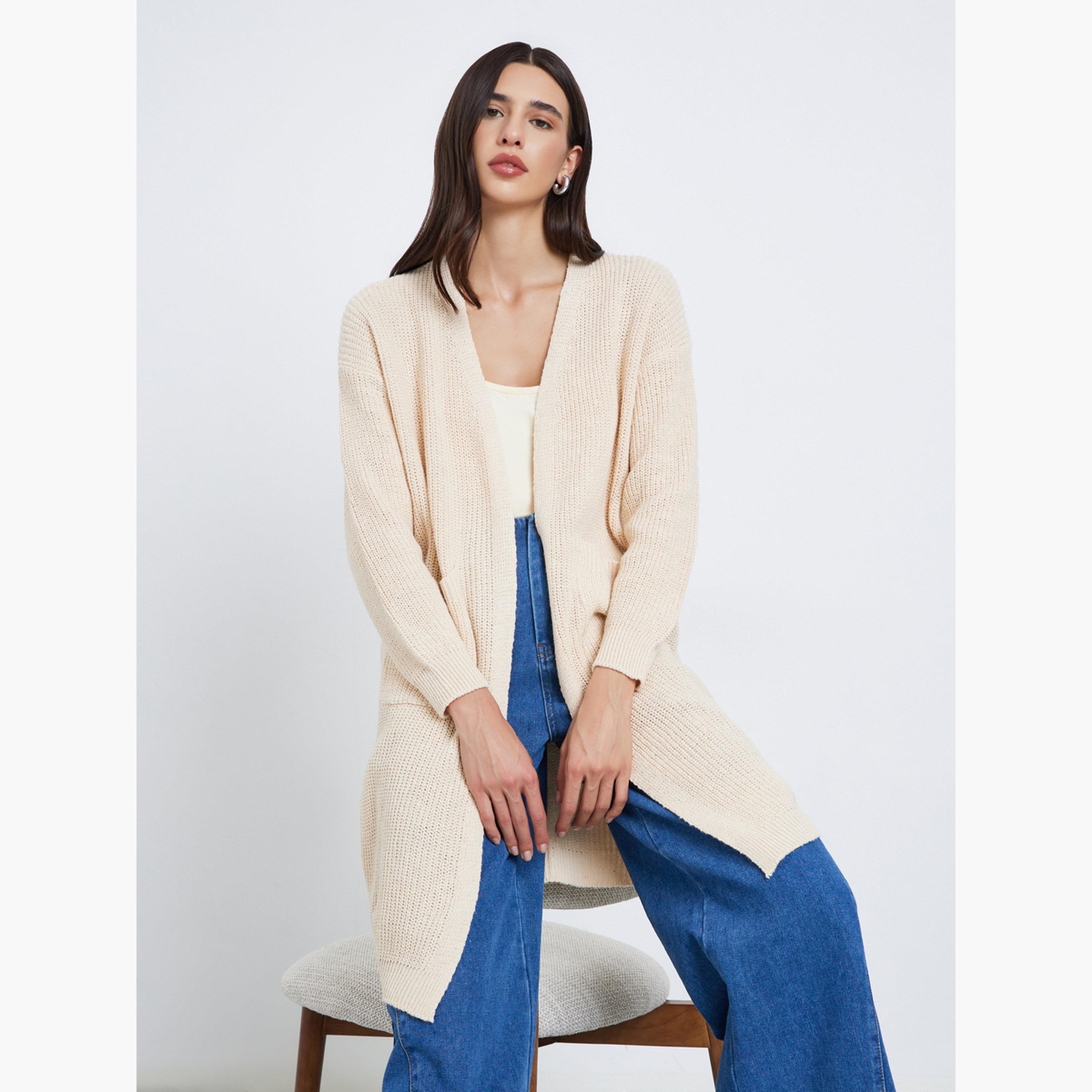 Styli Cream Knitted Regular Fit Long Sleeves Women's Open Front Cardigan-women-winterwear-cardigansandjumpers-cardigans-image-2