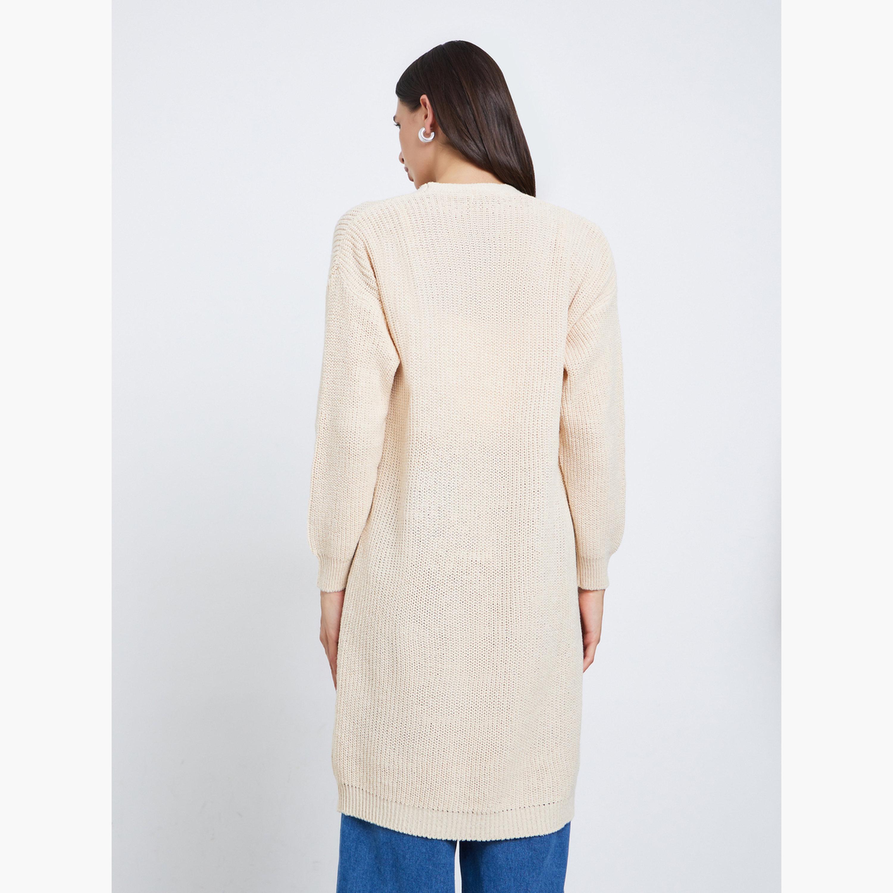 Styli Cream Knitted Regular Fit Long Sleeves Women's Open Front Cardigan-women-winterwear-cardigansandjumpers-cardigans-image-3