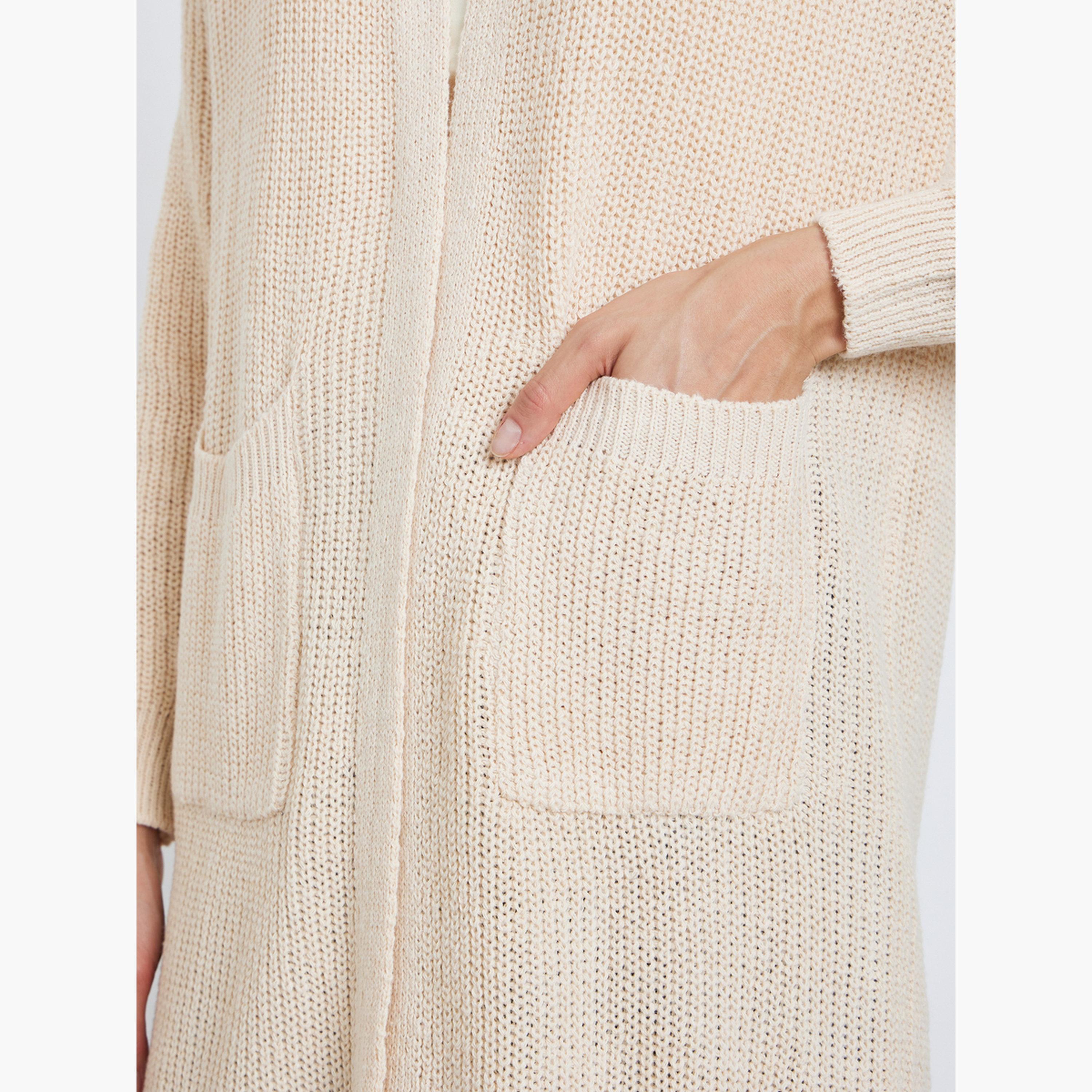 Styli Cream Knitted Regular Fit Long Sleeves Women's Open Front Cardigan-women-winterwear-cardigansandjumpers-cardigans-image-4