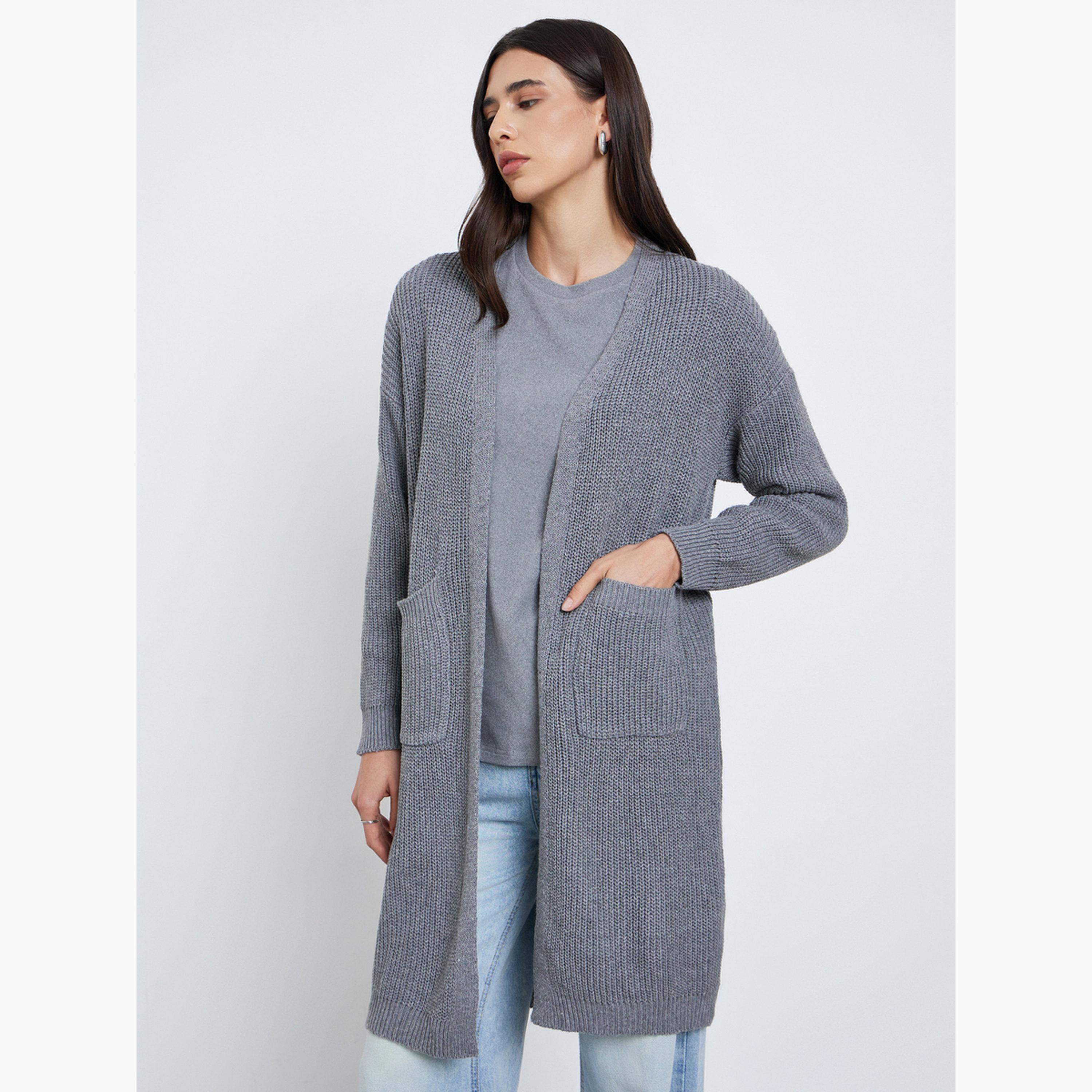 Styli Grey Knitted Regular Fit Long Sleeves Women's Open Front Cardigan-women-winterwear-cardigansandjumpers-cardigans-image-1