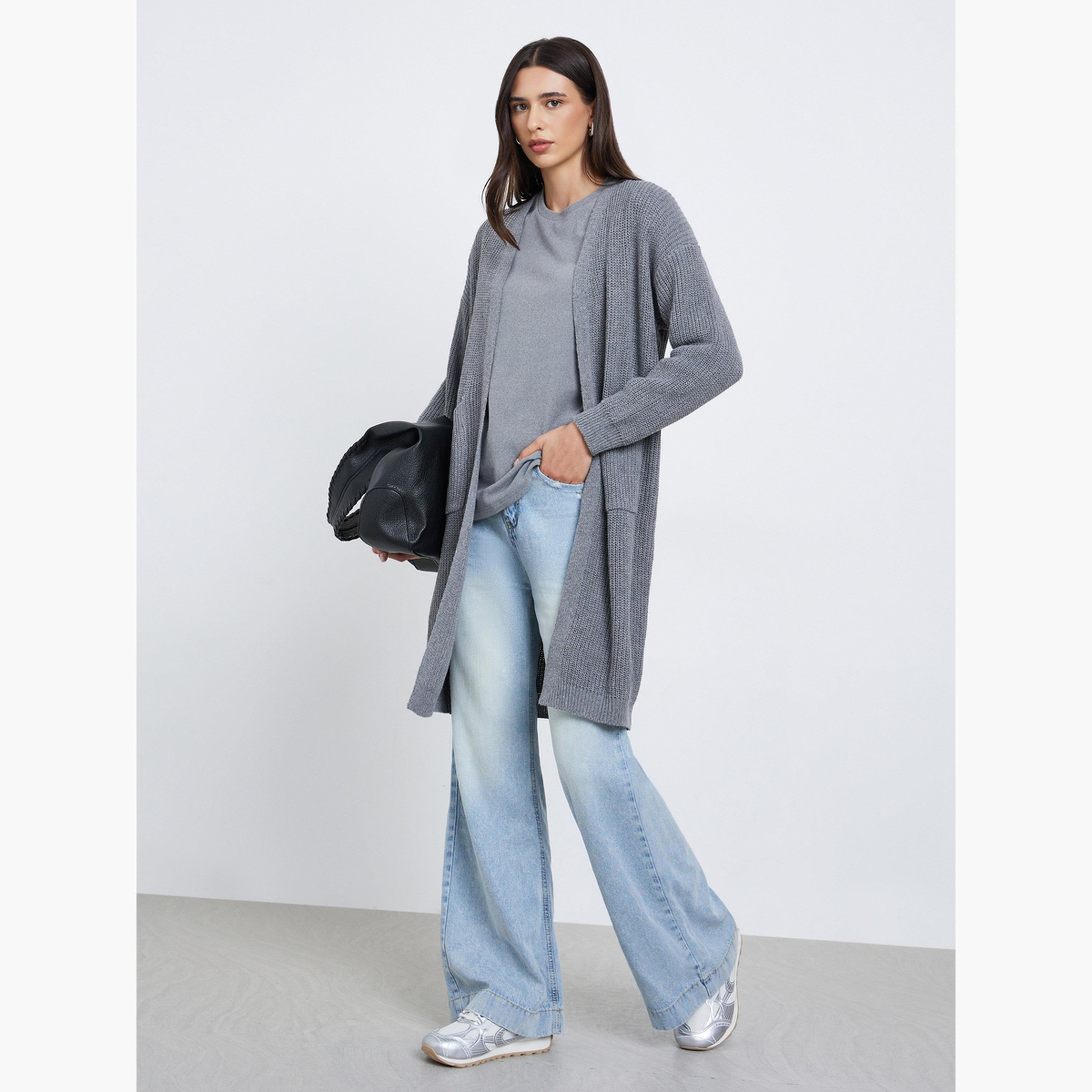 Styli Grey Knitted Regular Fit Long Sleeves Women's Open Front Cardigan-women-winterwear-cardigansandjumpers-cardigans-image-2