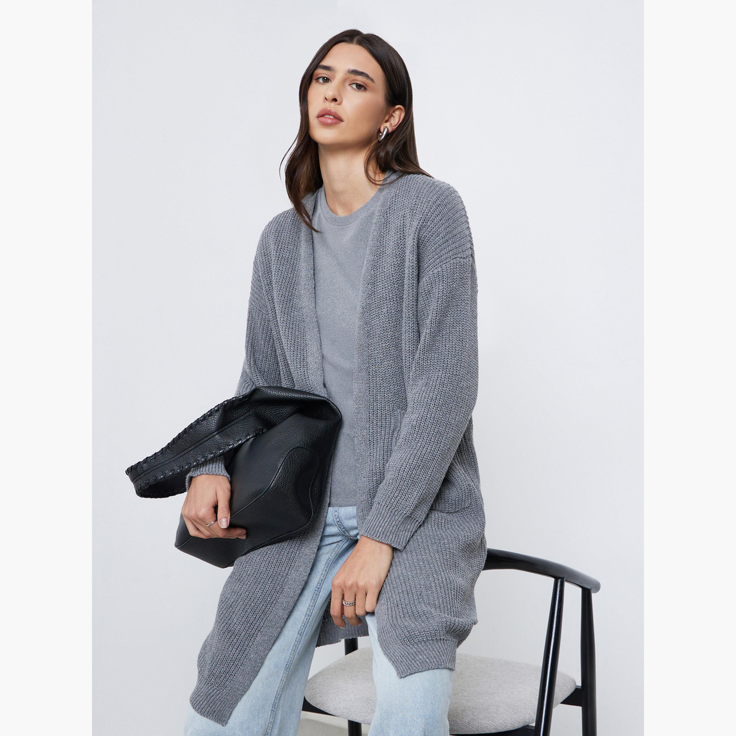 Styli Grey Knitted Regular Fit Long Sleeves Women's Open Front Cardigan-women-winterwear-cardigansandjumpers-cardigans-image-3
