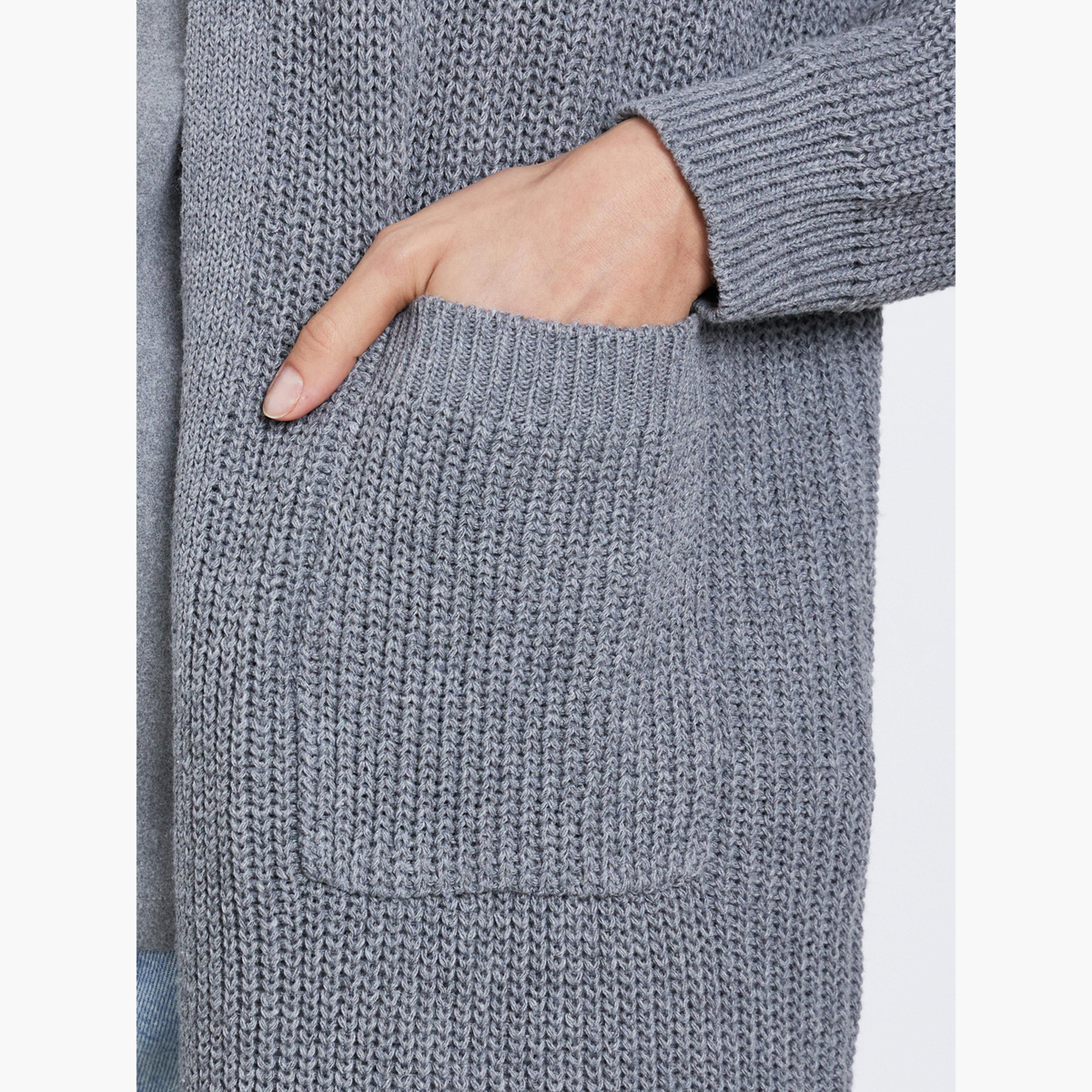 Styli Grey Knitted Regular Fit Long Sleeves Women's Open Front Cardigan-women-winterwear-cardigansandjumpers-cardigans-image-4