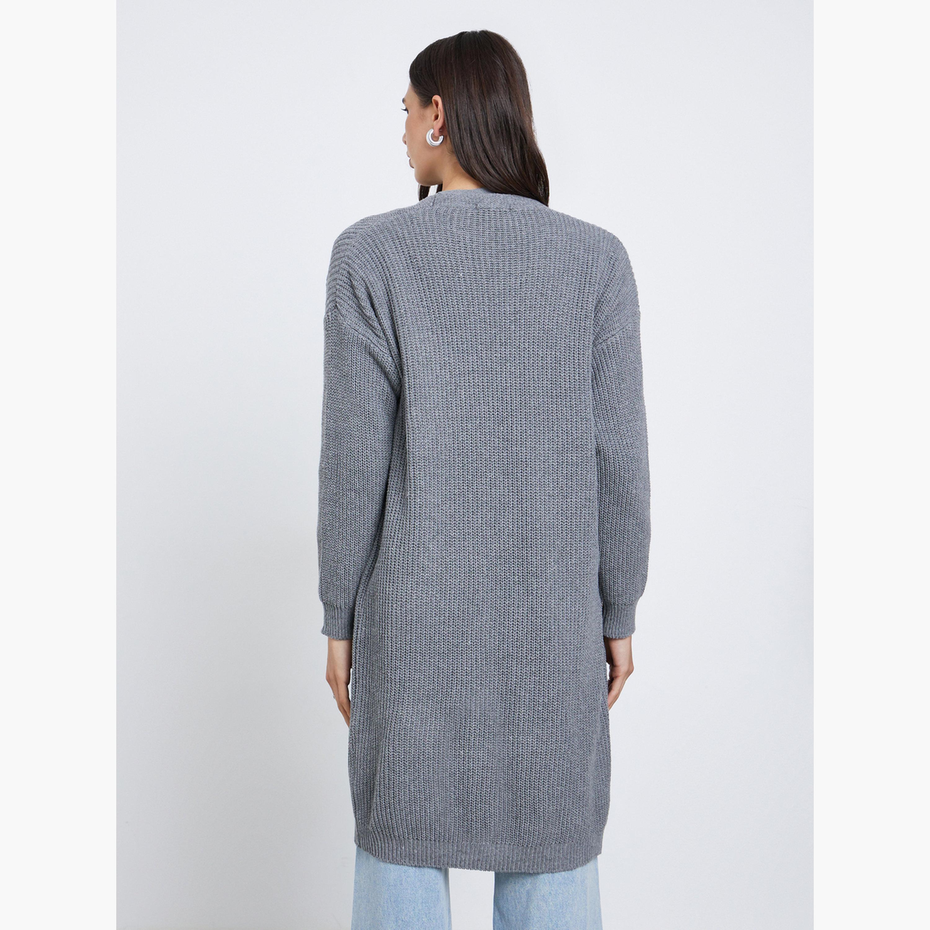 Styli Grey Knitted Regular Fit Long Sleeves Women's Open Front Cardigan-women-winterwear-cardigansandjumpers-cardigans-image-5