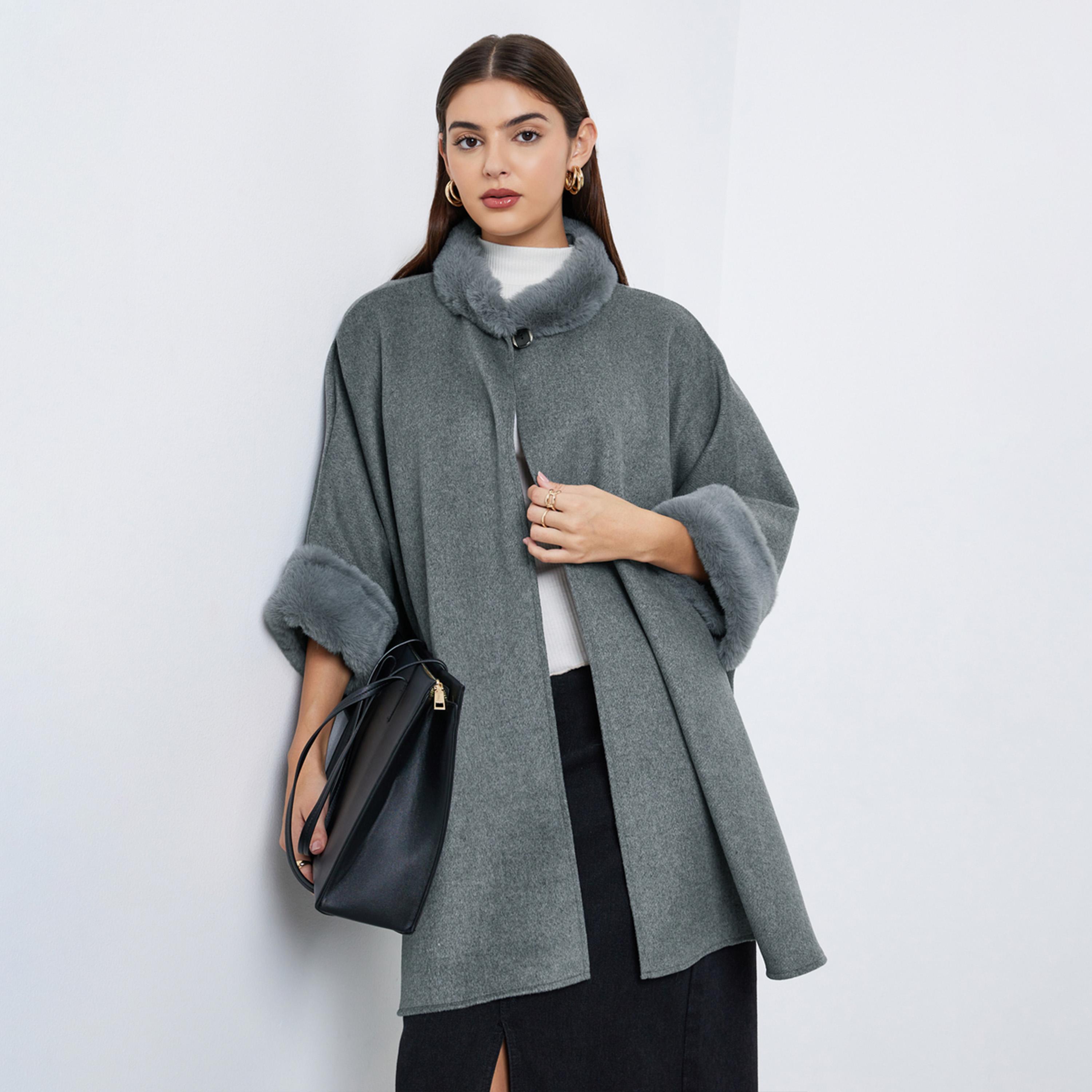 Styli Women Grey Faux Fur Trim Oversized Cape Coat-women-winterwear-coatsandjackets-coats-image-1