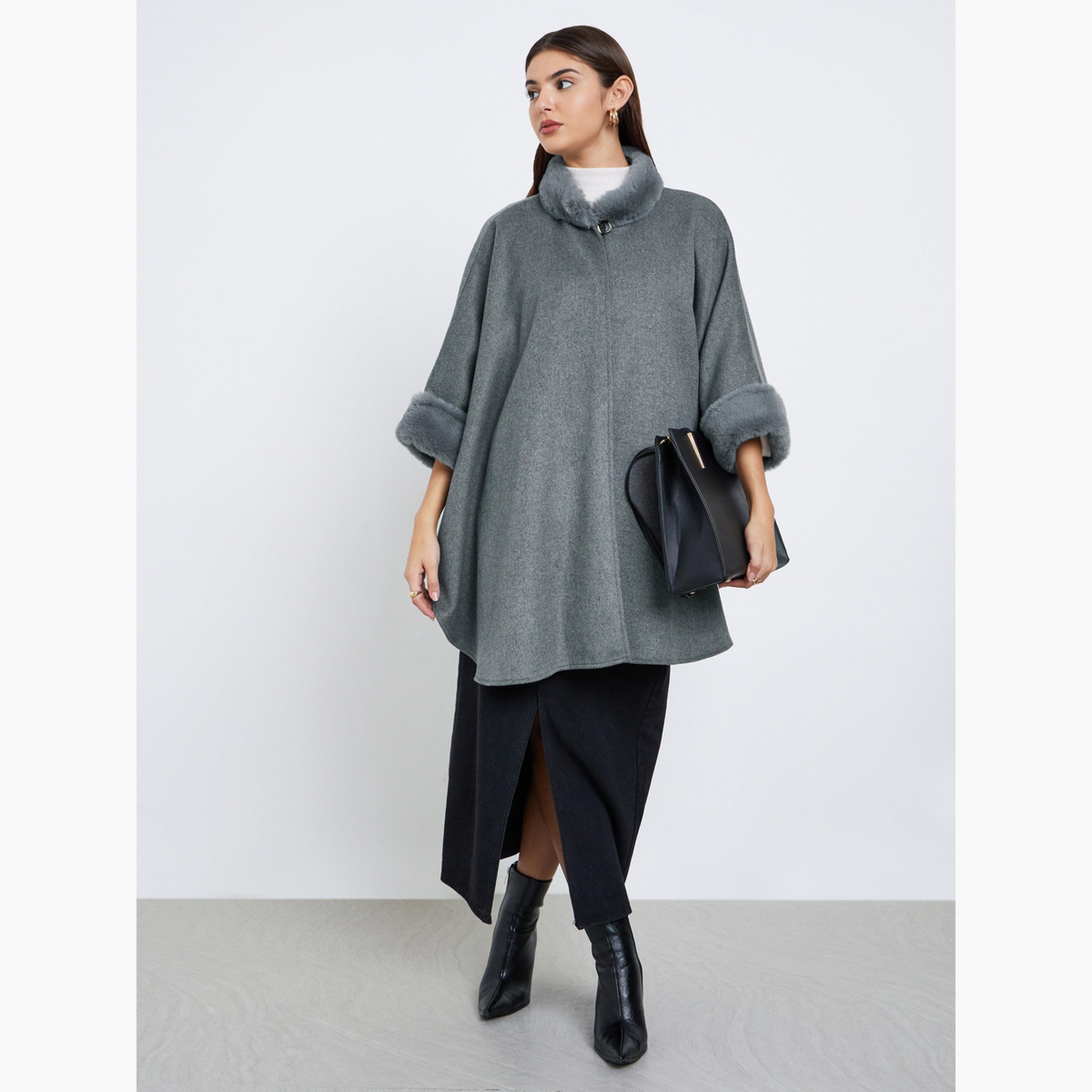 Styli Women Grey Faux Fur Trim Oversized Cape Coat-women-winterwear-coatsandjackets-coats-image-2
