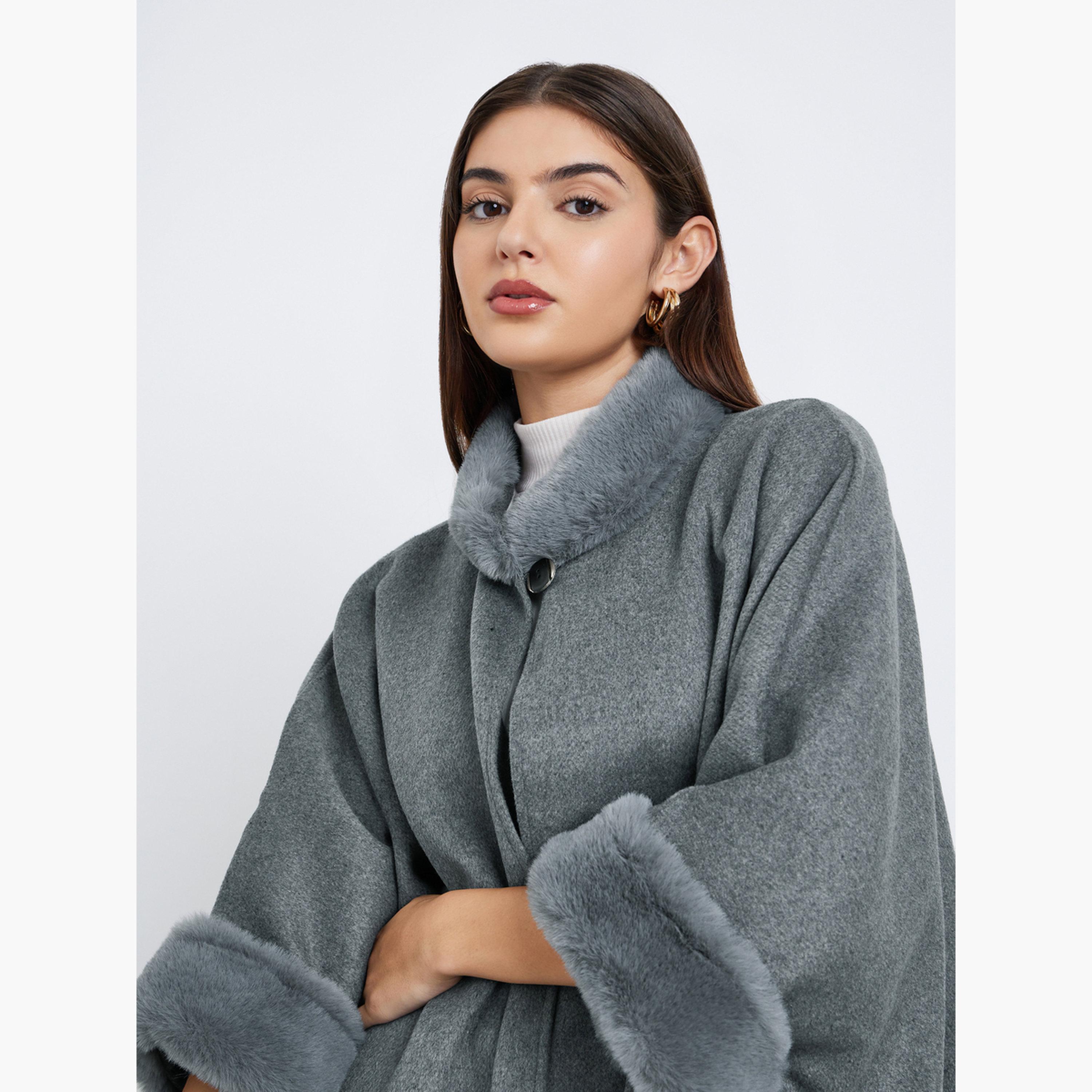 Styli Women Grey Faux Fur Trim Oversized Cape Coat-women-winterwear-coatsandjackets-coats-image-3