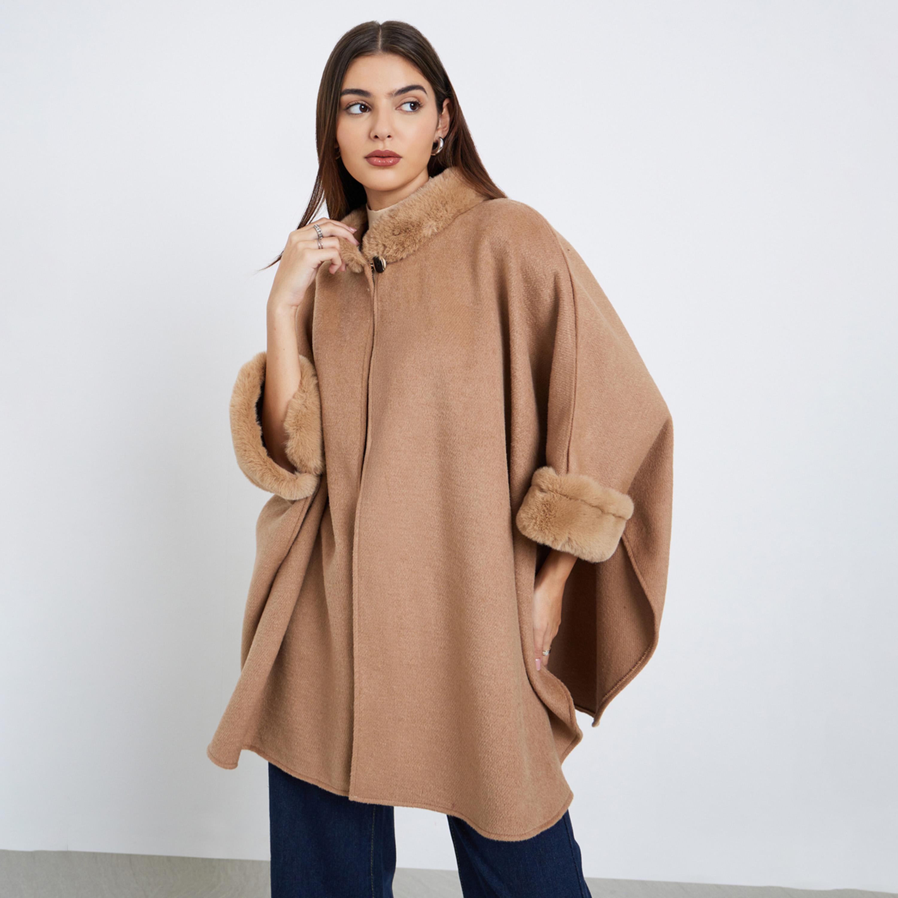 Styli Women Beige Faux Fur Trim Oversized Cape Coat-women-winterwear-coatsandjackets-coats-image-1