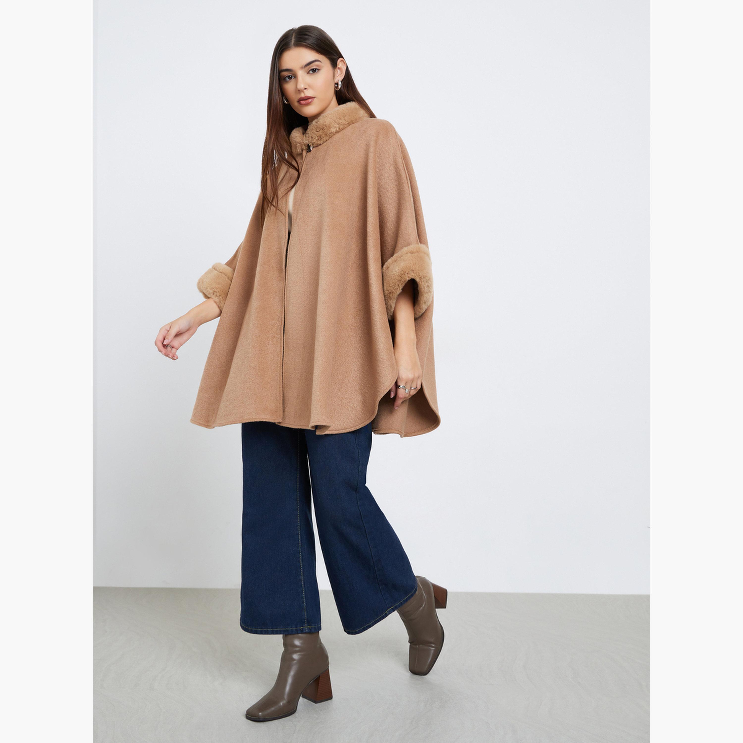 Styli Women Beige Faux Fur Trim Oversized Cape Coat-women-winterwear-coatsandjackets-coats-image-2