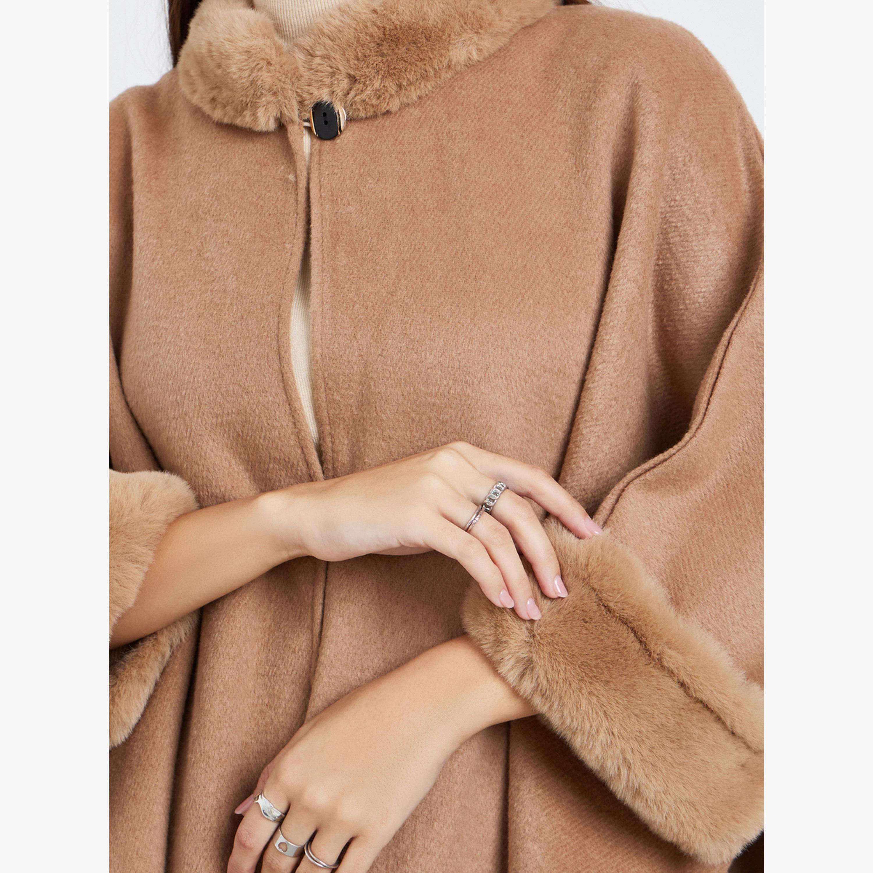 Styli Women Beige Faux Fur Trim Oversized Cape Coat-women-winterwear-coatsandjackets-coats-image-3