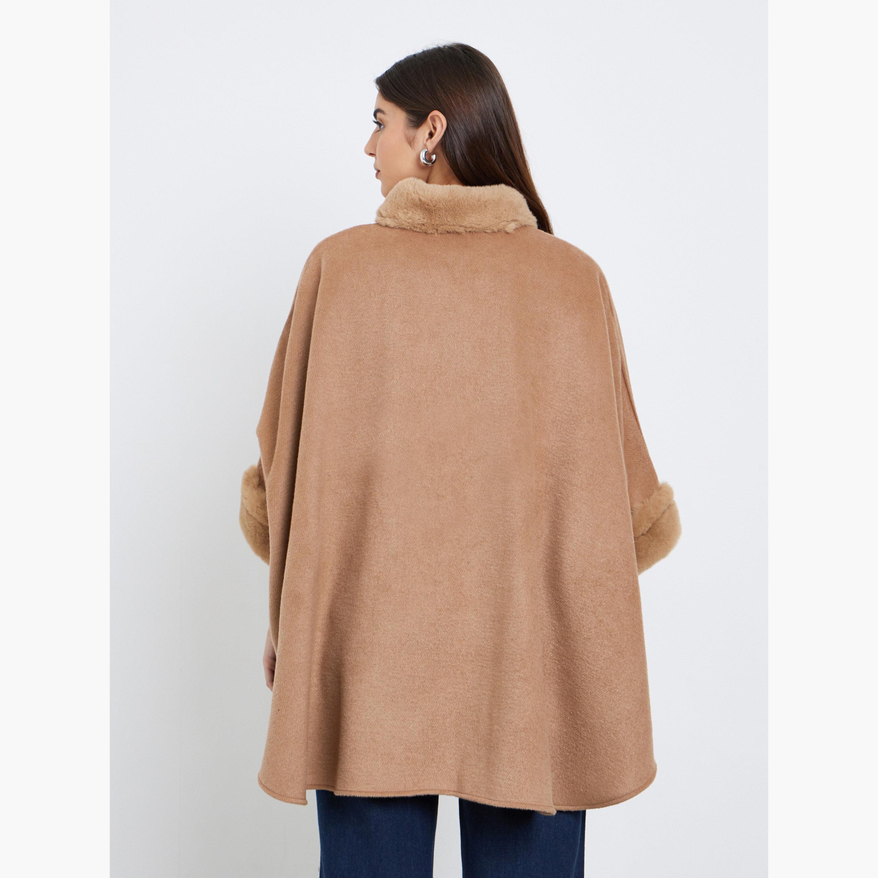 Styli Women Beige Faux Fur Trim Oversized Cape Coat-women-winterwear-coatsandjackets-coats-image-4