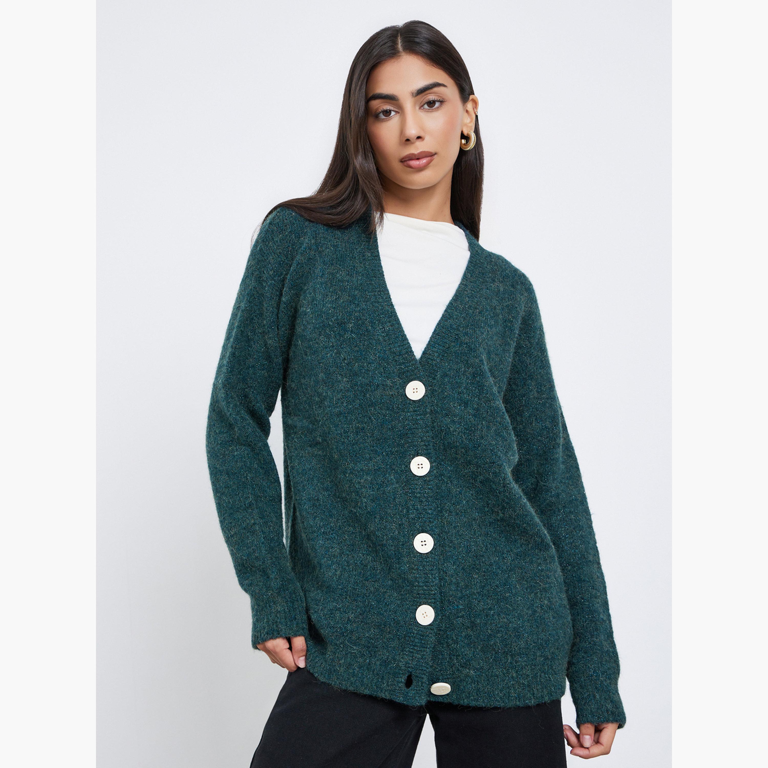 Styli Dark Green Solid Oversized V-neck Long Sleeves Women's Buttoned Longline Cardigan-women-winterwear-cardigansandjumpers-cardigans-image-1