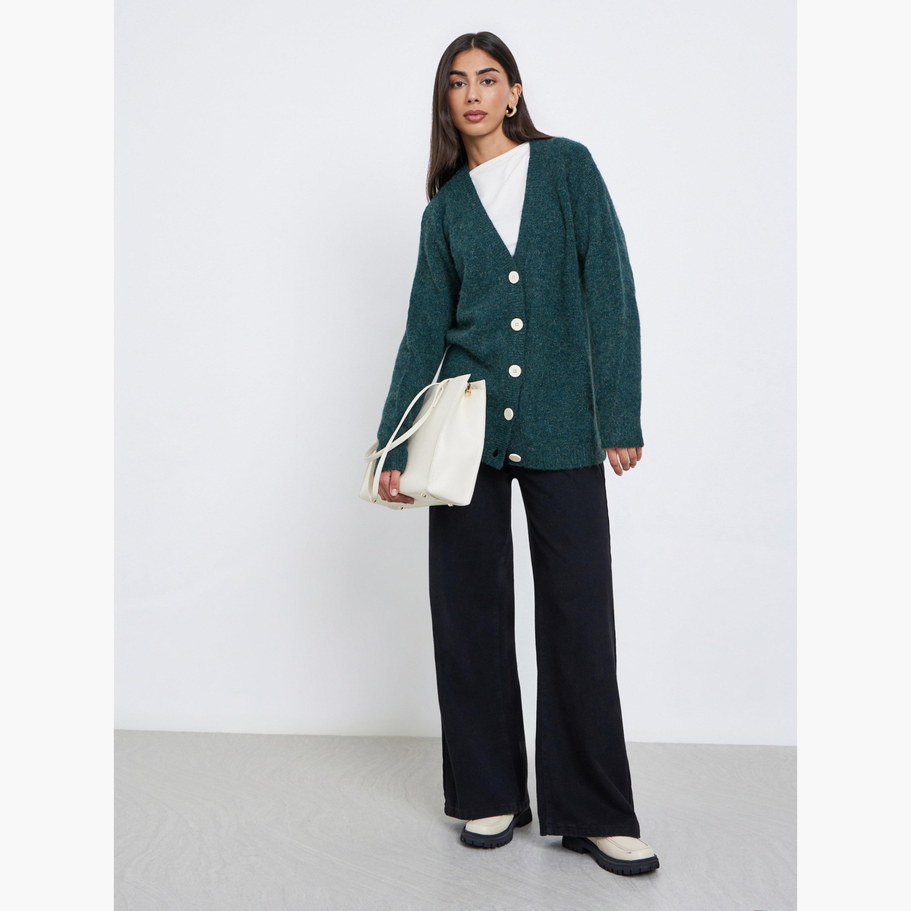 Styli Dark Green Solid Oversized V-neck Long Sleeves Women's Buttoned Longline Cardigan-women-winterwear-cardigansandjumpers-cardigans-image-2