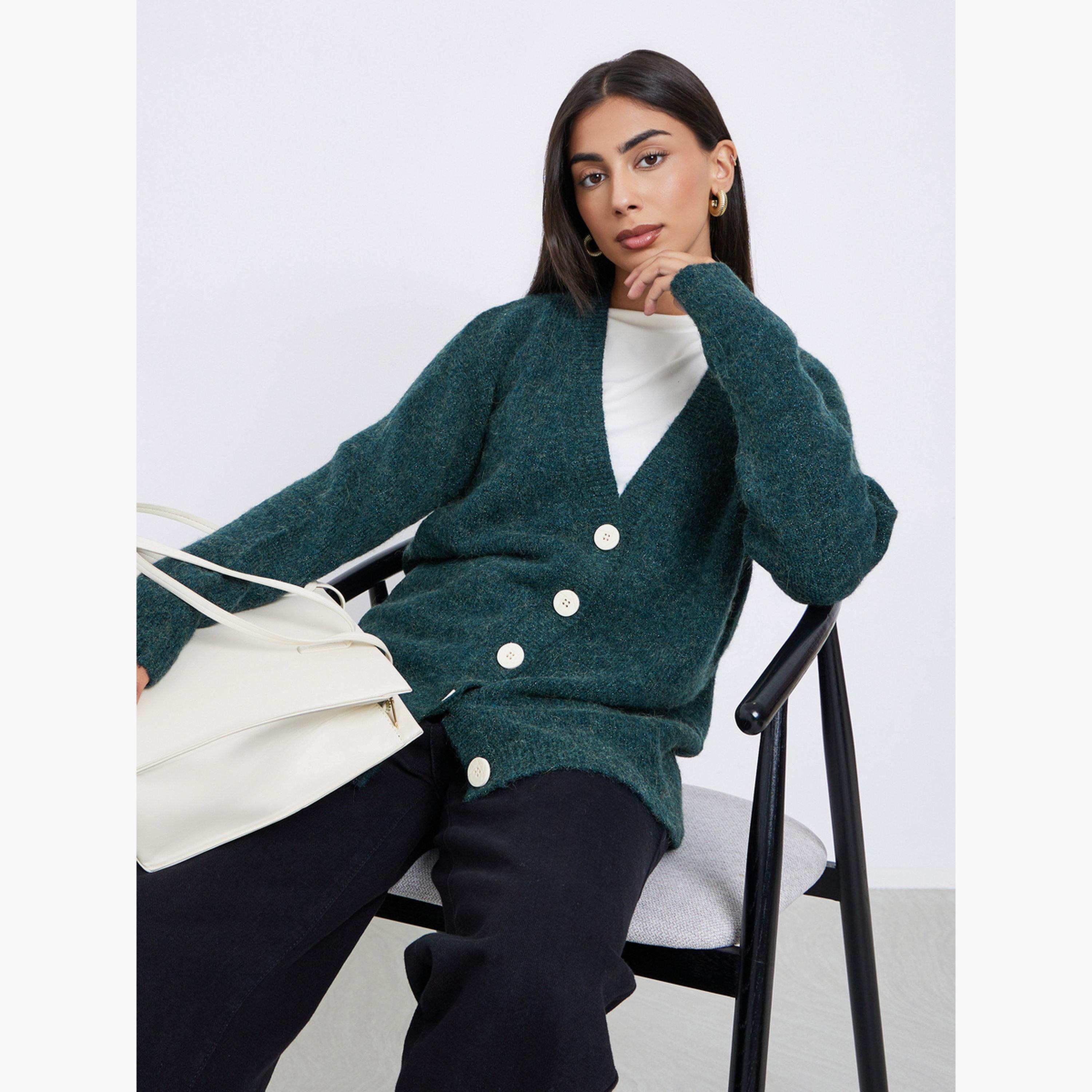 Styli Dark Green Solid Oversized V-neck Long Sleeves Women's Buttoned Longline Cardigan-women-winterwear-cardigansandjumpers-cardigans-image-3