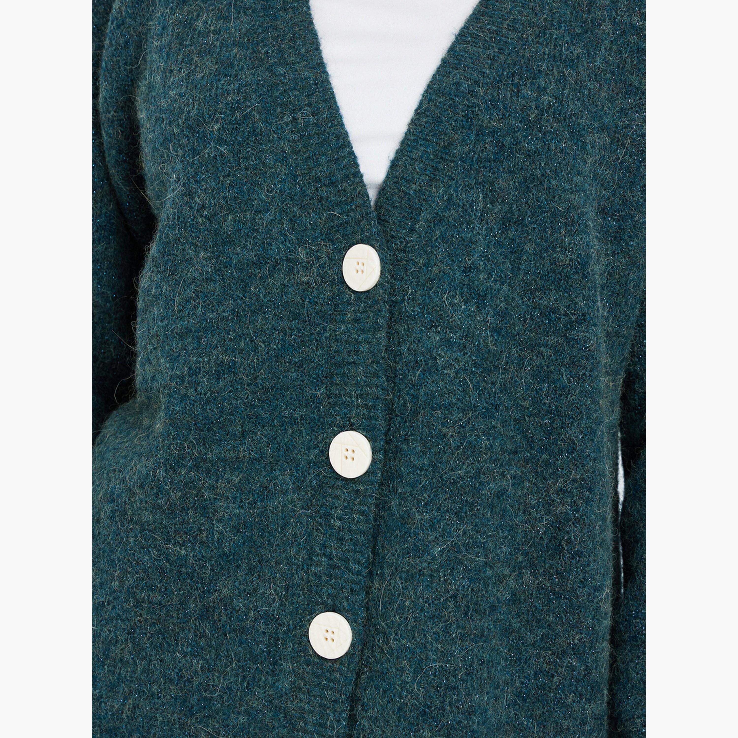 Styli Dark Green Solid Oversized V-neck Long Sleeves Women's Buttoned Longline Cardigan-women-winterwear-cardigansandjumpers-cardigans-image-4