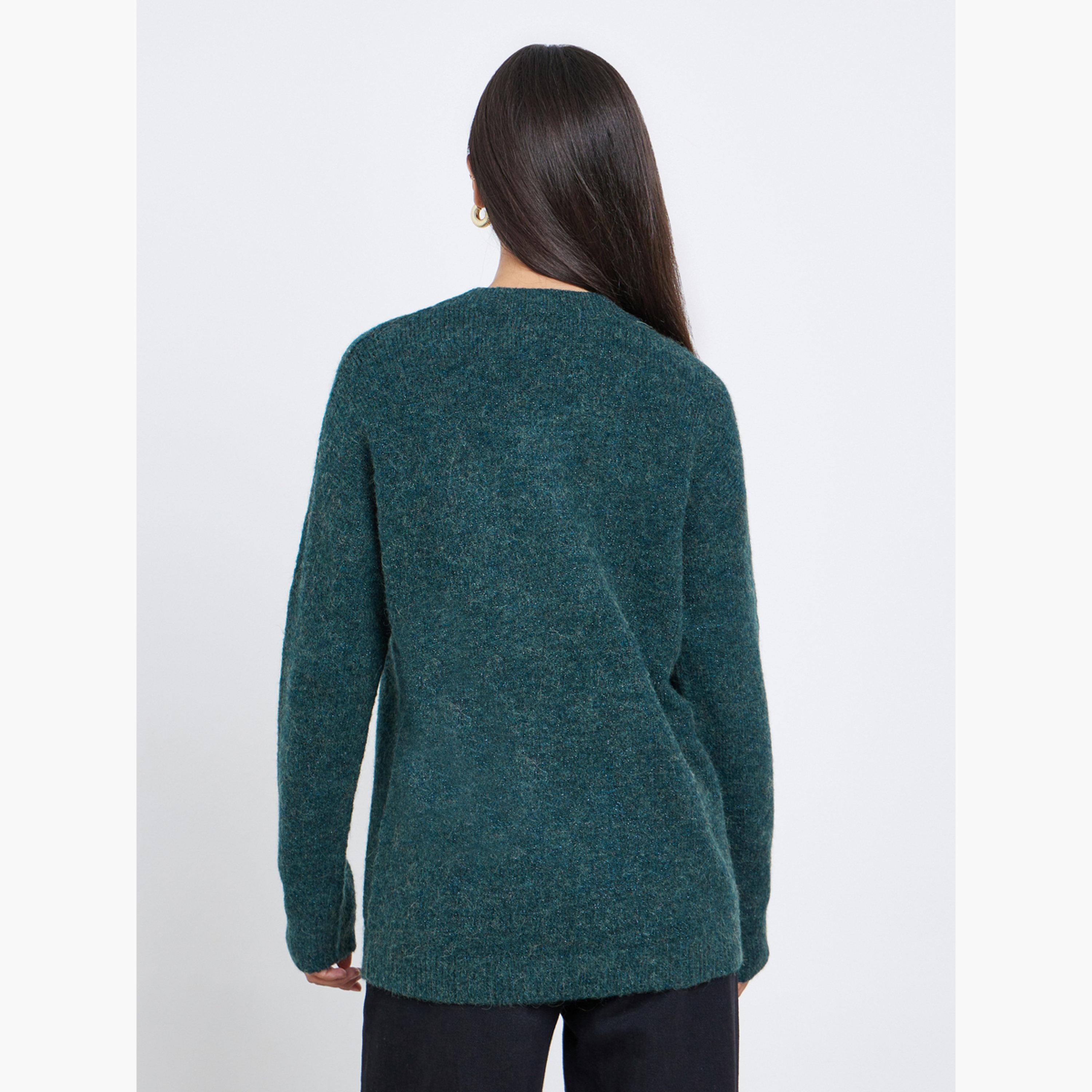 Styli Dark Green Solid Oversized V-neck Long Sleeves Women's Buttoned Longline Cardigan-women-winterwear-cardigansandjumpers-cardigans-image-5