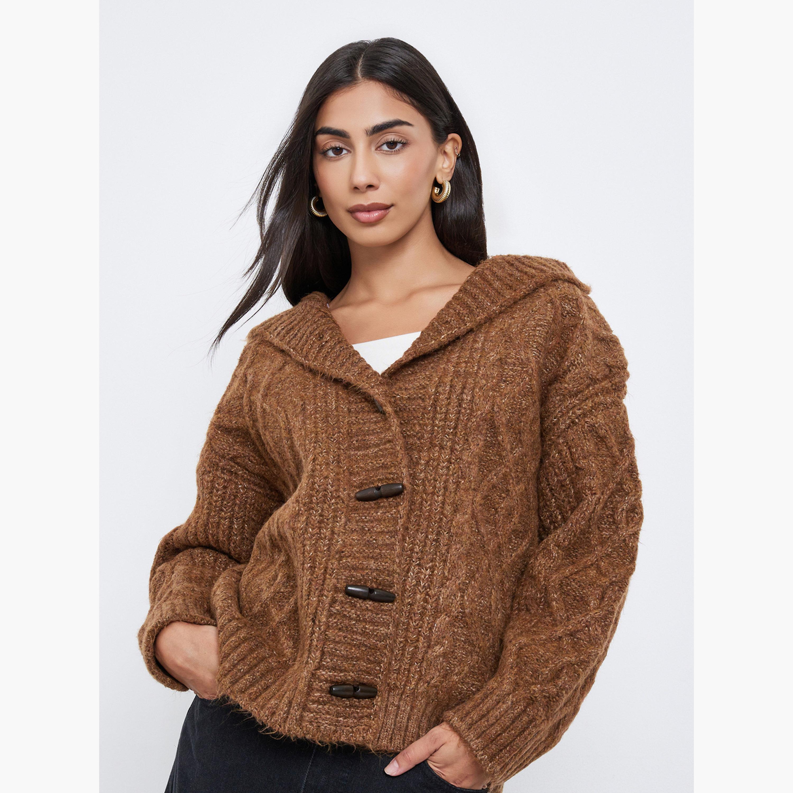 ستايلي - كارديغان بني محبوك بغطاء رأس تصميم واسع للنساء -women-winterwear-cardigansandjumpers-cardigans-image-1