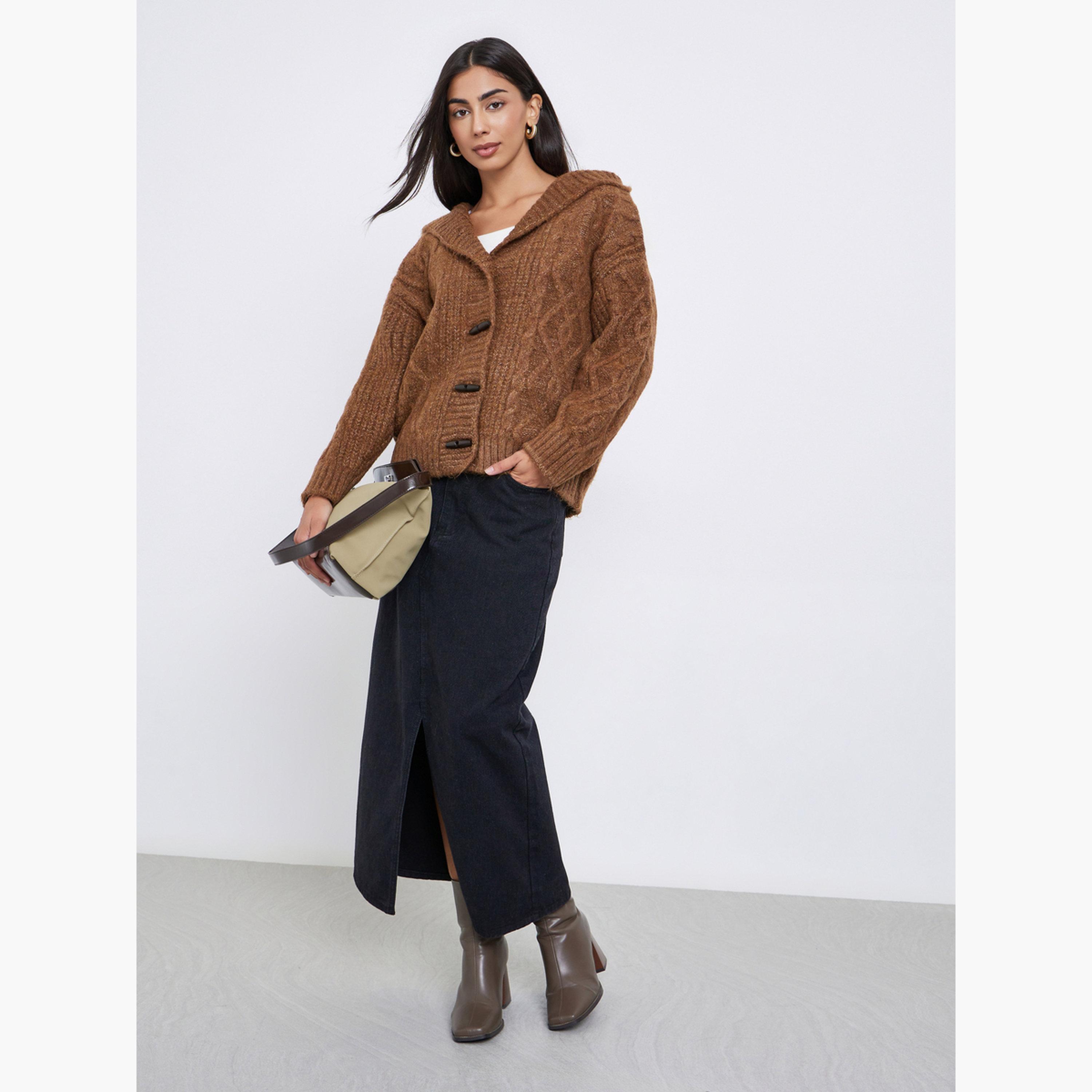 ستايلي - كارديغان بني محبوك بغطاء رأس تصميم واسع للنساء -women-winterwear-cardigansandjumpers-cardigans-image-2