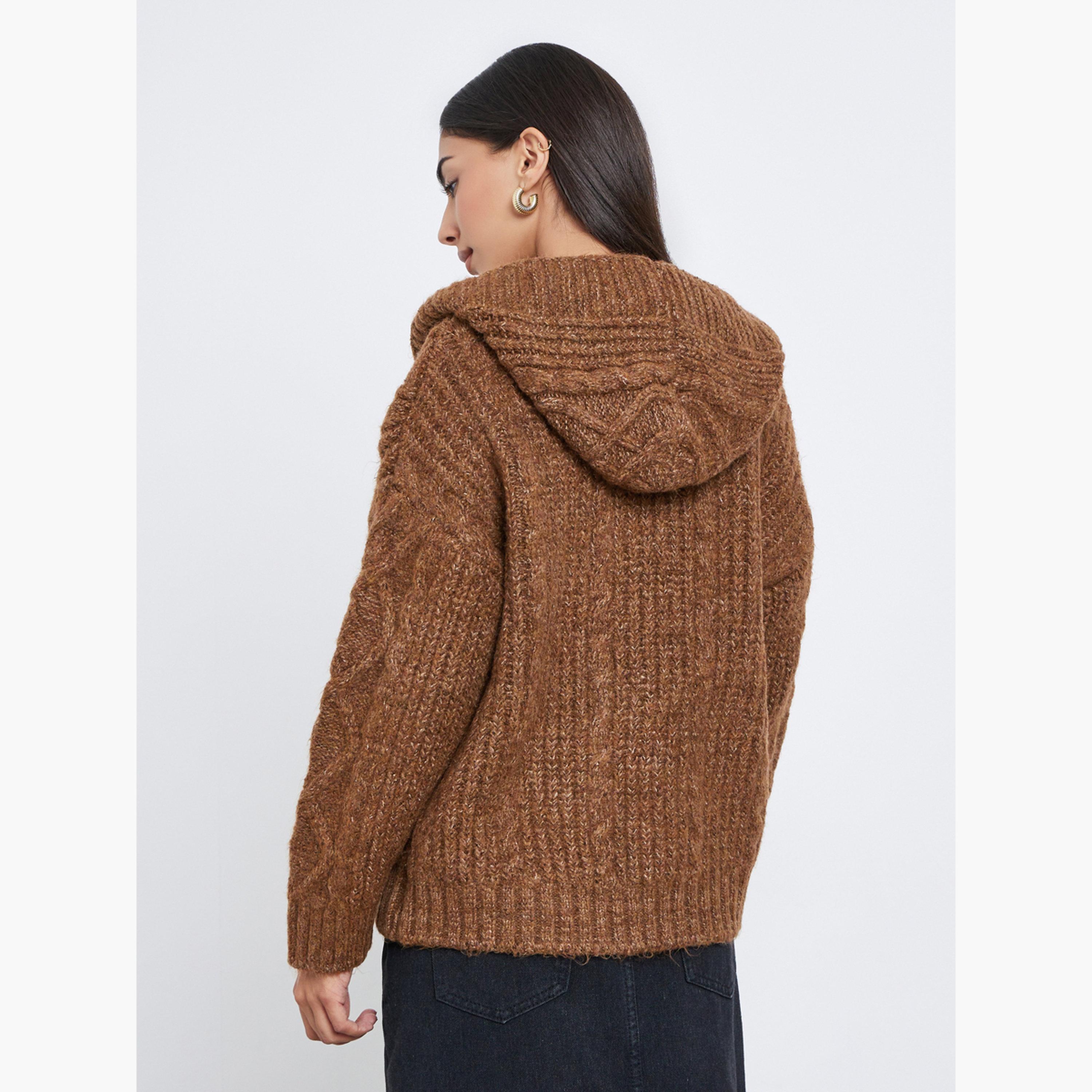ستايلي - كارديغان بني محبوك بغطاء رأس تصميم واسع للنساء -women-winterwear-cardigansandjumpers-cardigans-image-4
