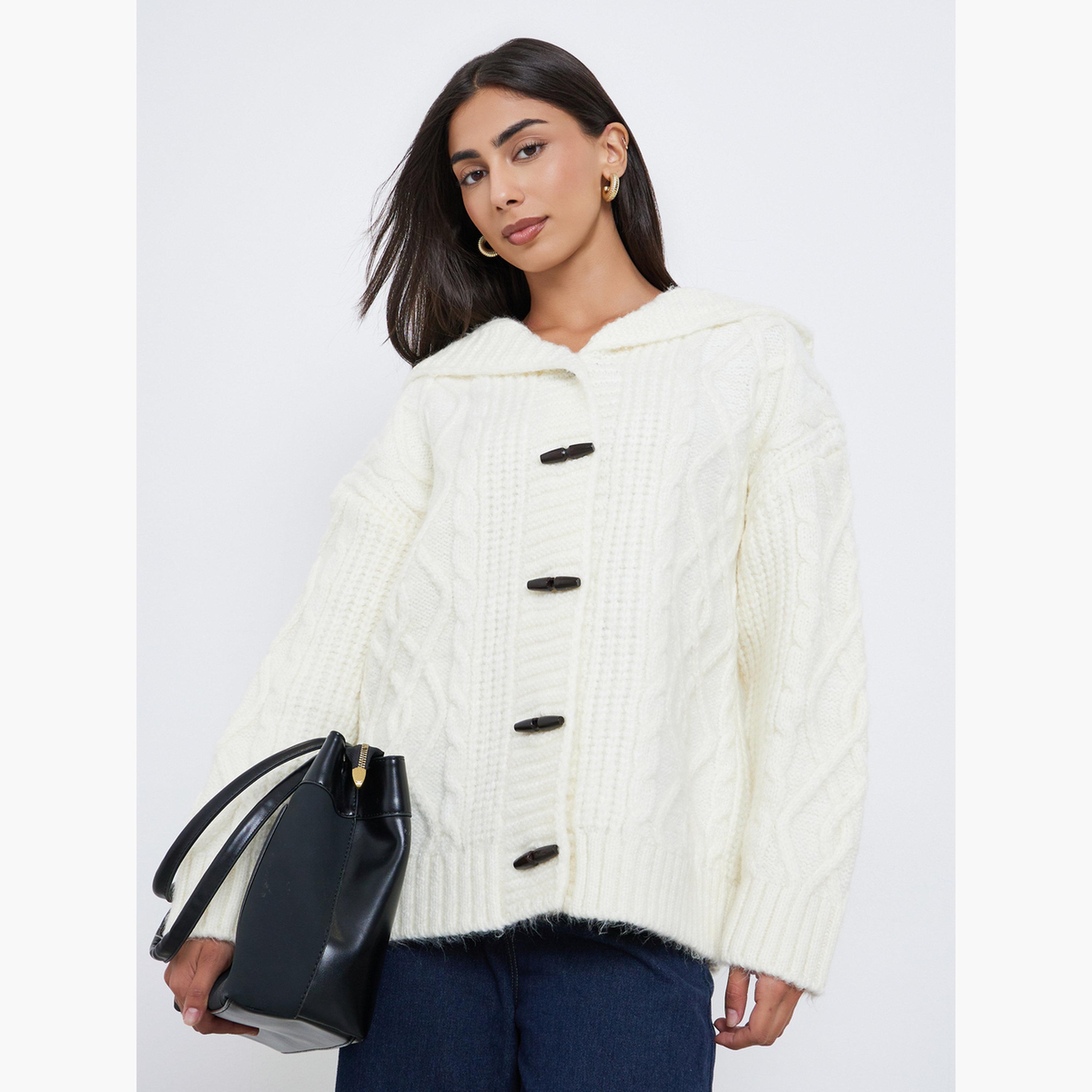 ستايلي - كارديغان بغطاء رأس تصميم واسع نسيج كابل  لون اوف وايت للنساء -women-winterwear-cardigansandjumpers-cardigans-image-1
