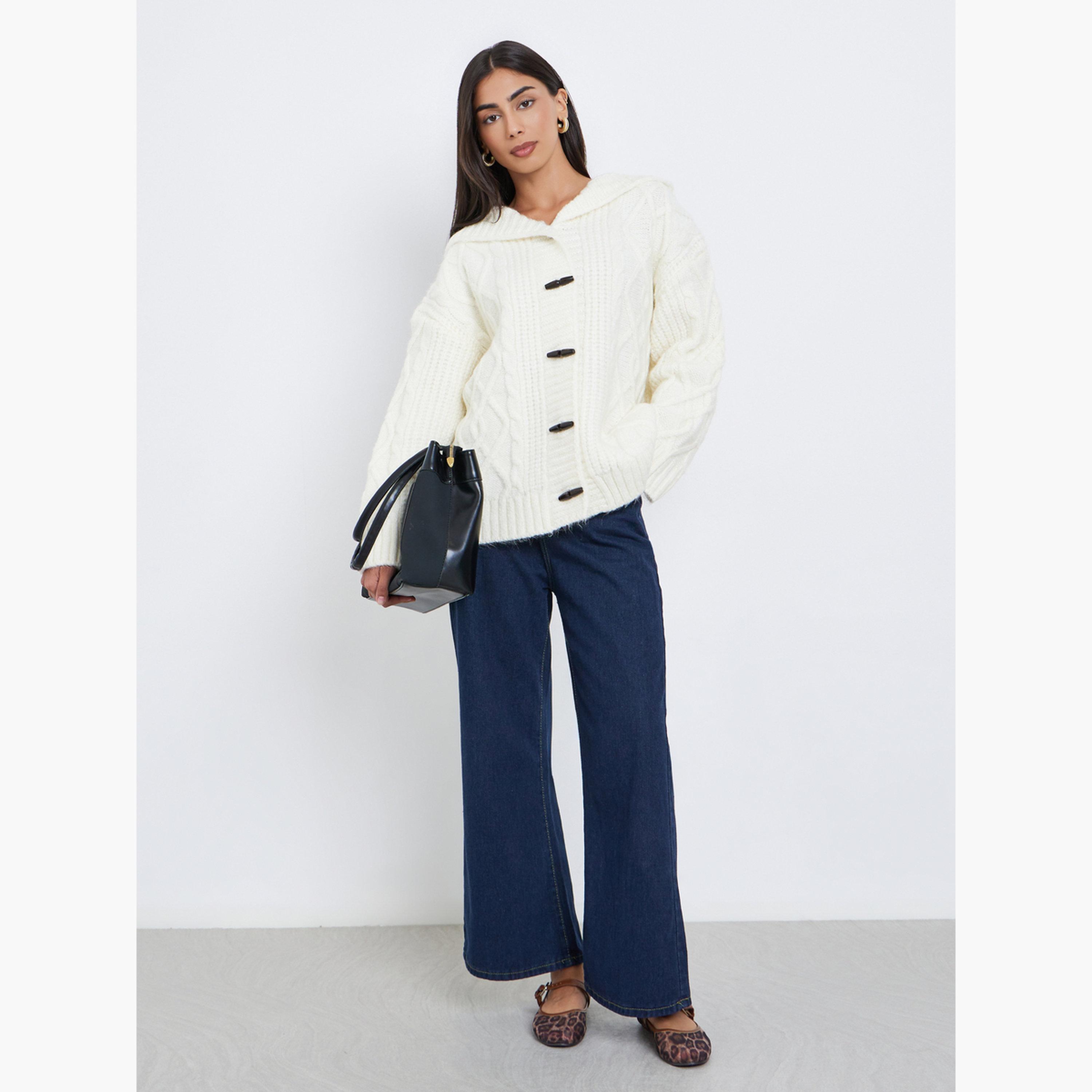 ستايلي - كارديغان بغطاء رأس تصميم واسع نسيج كابل  لون اوف وايت للنساء -women-winterwear-cardigansandjumpers-cardigans-image-2