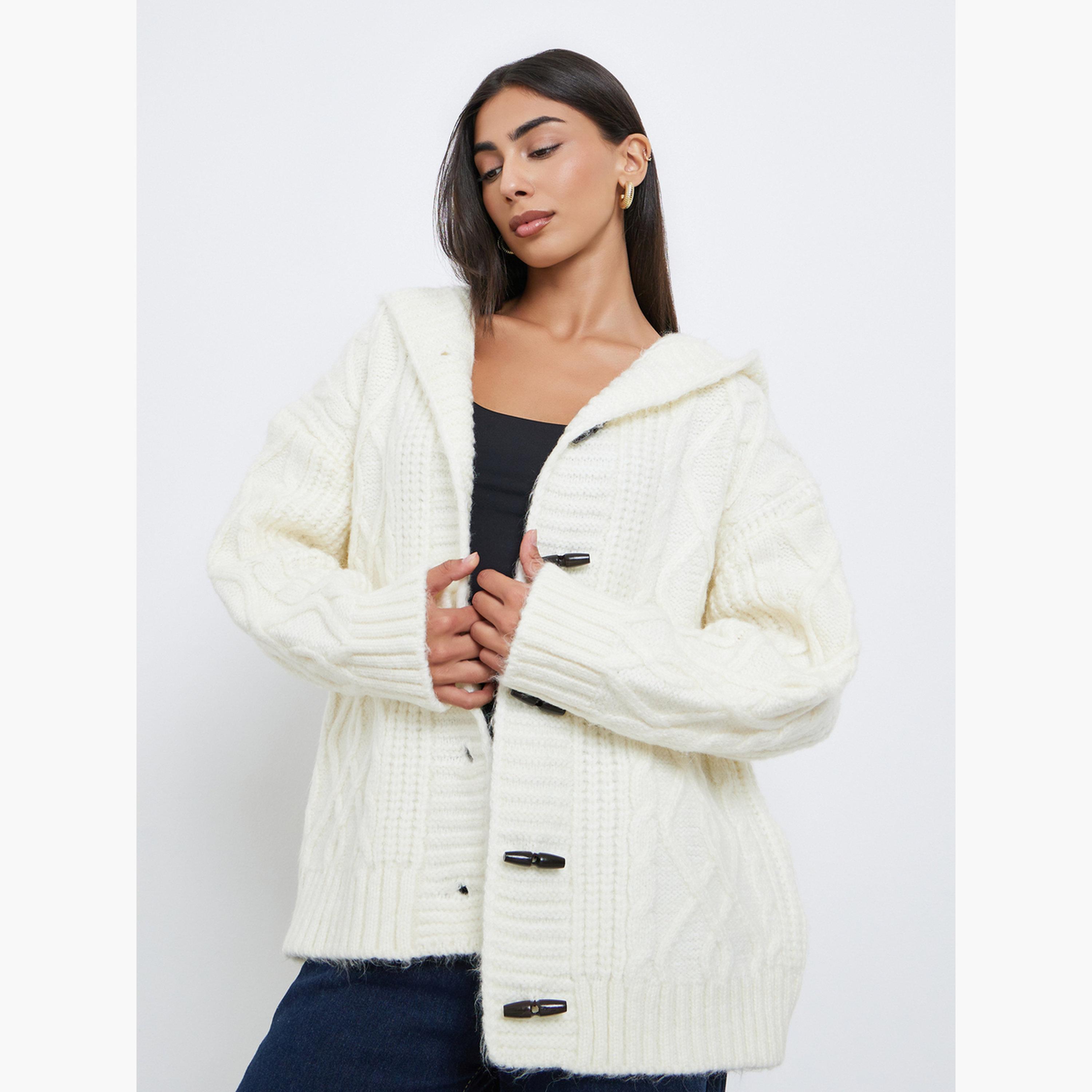 ستايلي - كارديغان بغطاء رأس تصميم واسع نسيج كابل  لون اوف وايت للنساء -women-winterwear-cardigansandjumpers-cardigans-image-3