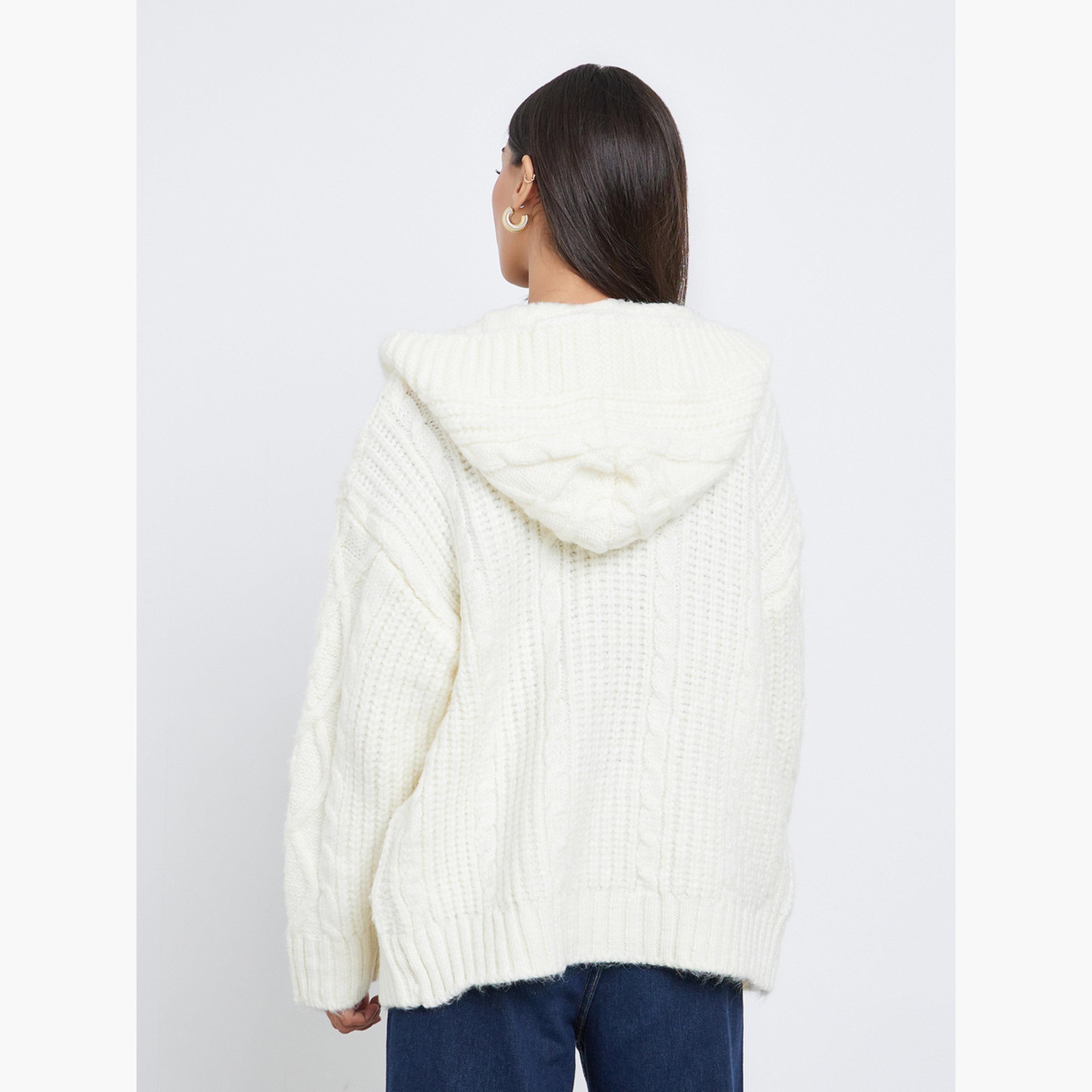 ستايلي - كارديغان بغطاء رأس تصميم واسع نسيج كابل  لون اوف وايت للنساء -women-winterwear-cardigansandjumpers-cardigans-image-5