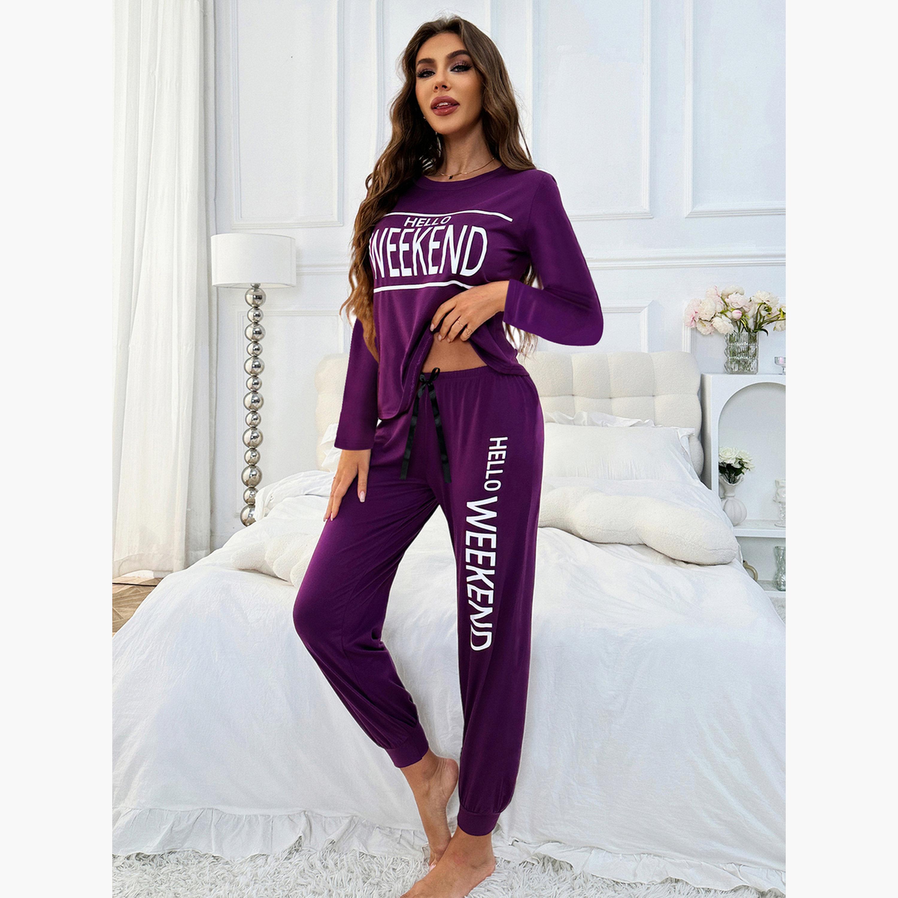 Take Two Slogan Print Long Sleeve T-Shirt and Cuffed Pyjama Set-women-clothing-nightwear-pyjamas-longsets-image-1
