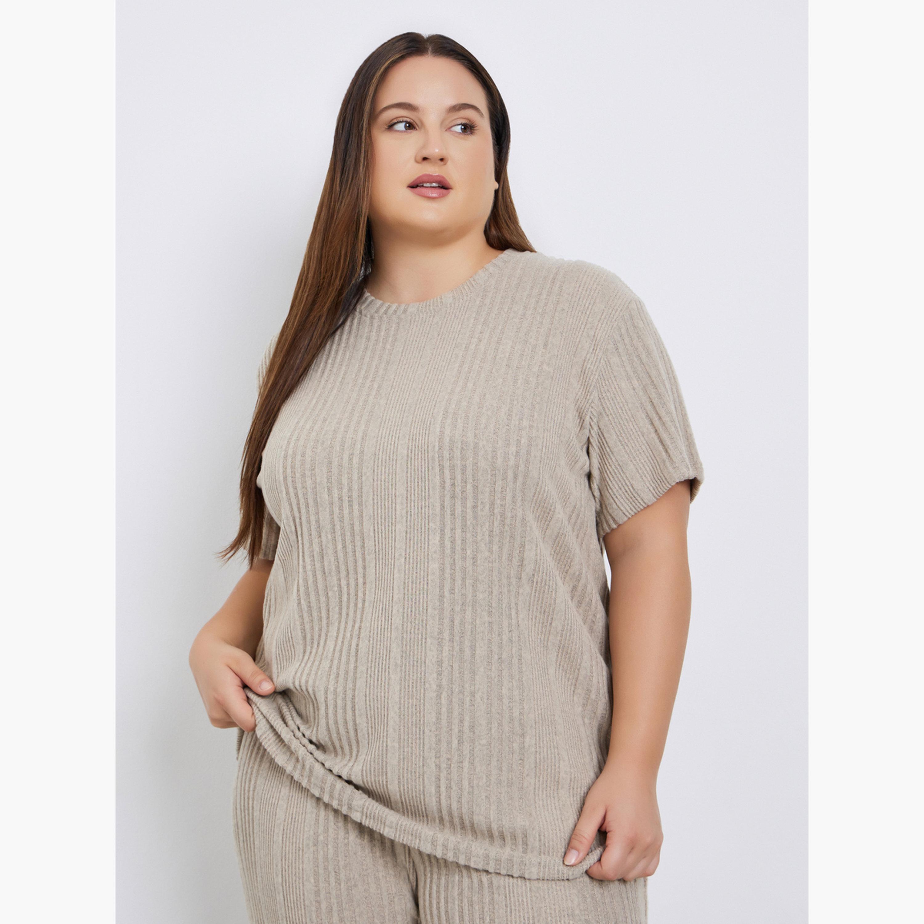 ستايلي - بيجاما تي شيرت محبوك لون بيج مقاس كبير للنساء-women-clothing-nightwear-pyjamas-longsets-image-3