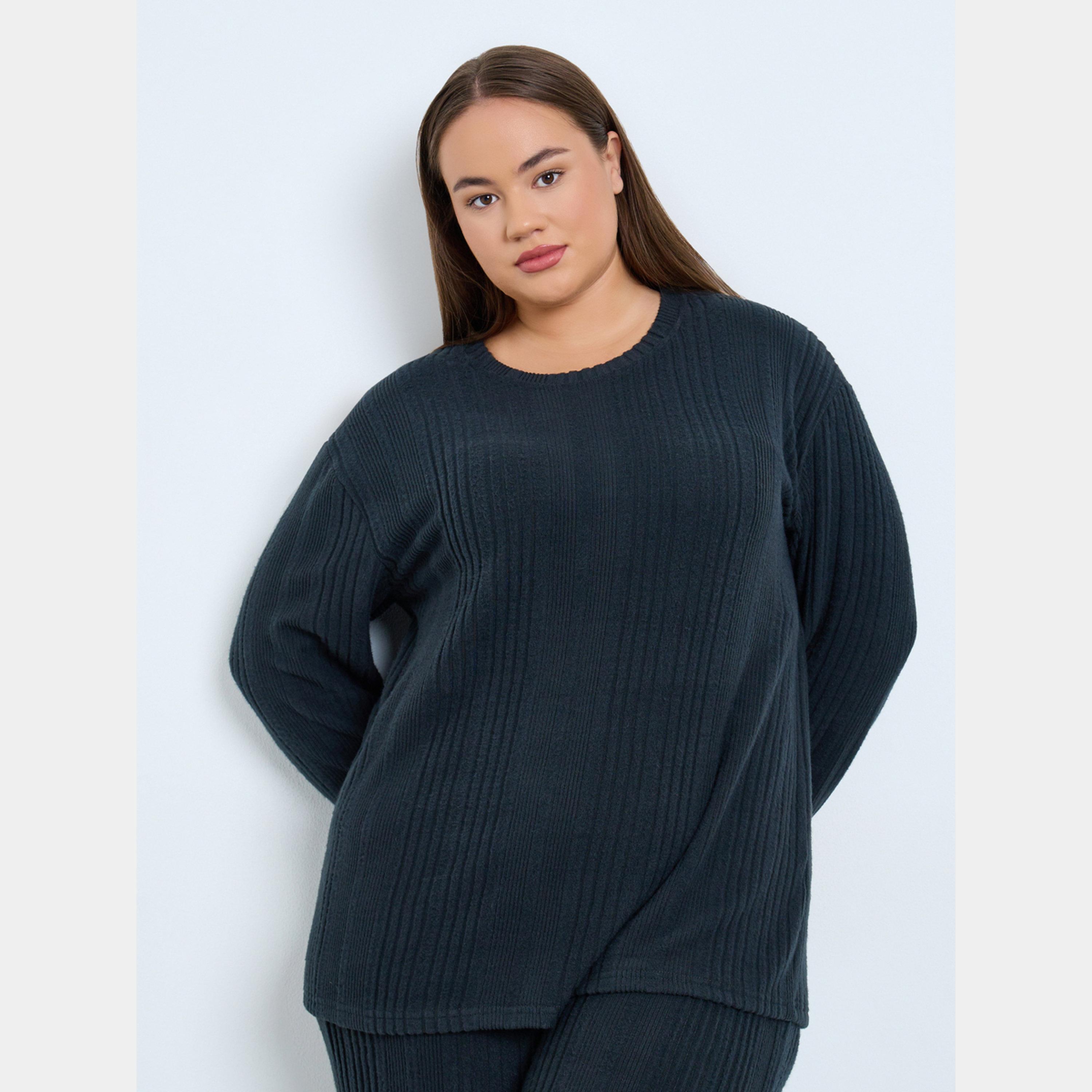 Styli Plus Size Navy Rib Knit T-Shirt and Pyjama Set-women-clothing-nightwear-pyjamas-longsets-image-2