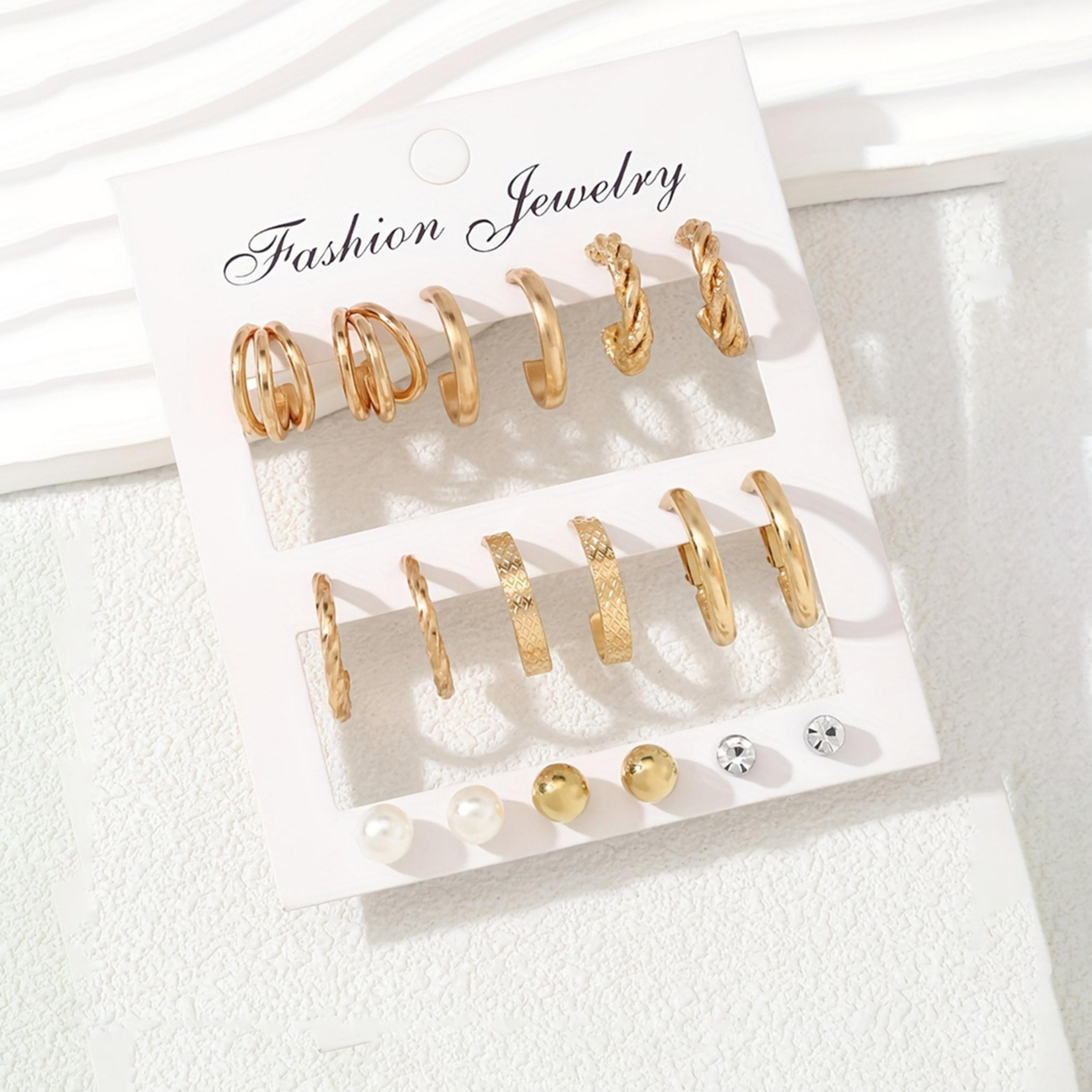 تيك تو - مجموعة من 9 أقراط ذهبية متنوعة-women-watchesandjewellery-jewellery-earrings-image-2