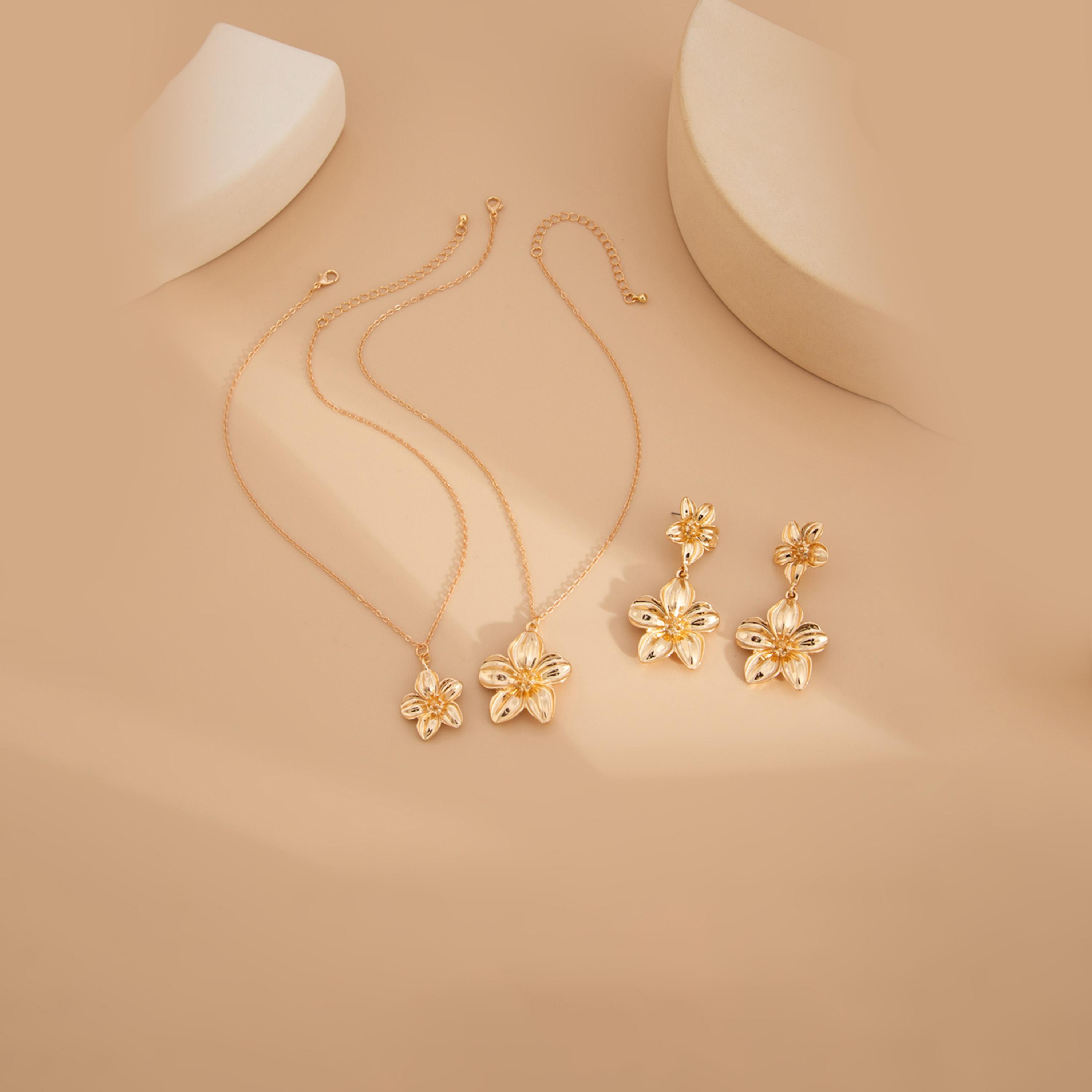 تيك تو - مجوهرات قلادة وأقراط على شكل زهرة-women-watchesandjewellery-jewellery-jewellerysets-image-1
